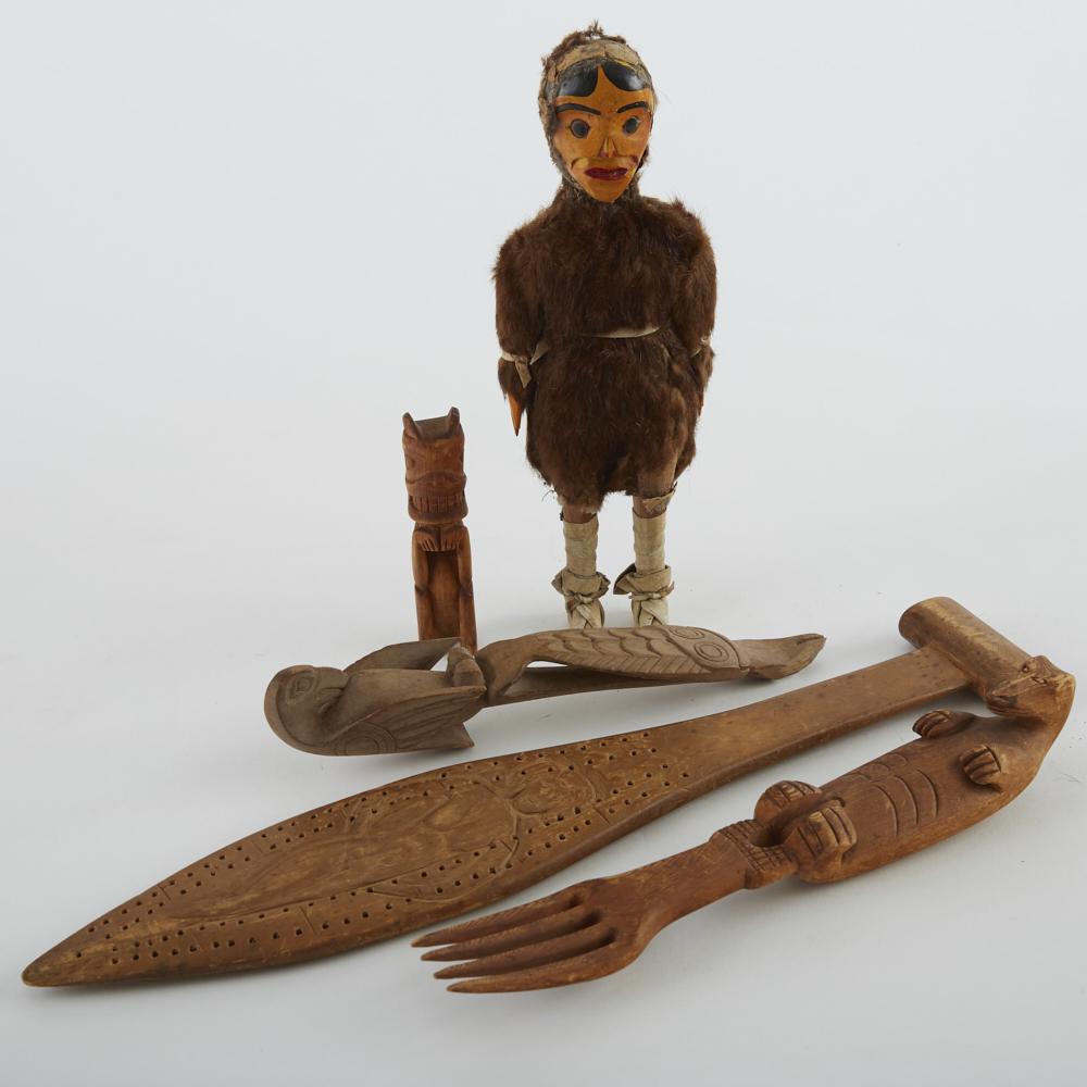 Grp: Tlingit Doll Bear Spoon Handle Paddle Otter: Group of five Northwest Coast Native American objects. Four Tlingit objects: one carved wood doll with fur coat, ca. 1920s; one bear totem, marked â€œSITKA,” ca. 1890-1920; one spoon handle 