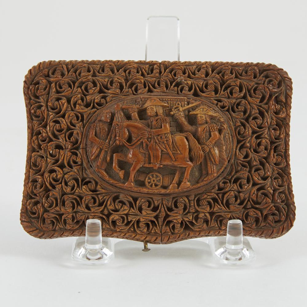 Indian Sandalwood Handbag c. 1815: Indian sandalwood handbag, ca. 1815. Features a tagua nut carving depicting Napoleonic soldiers on horseback with cutlasses. Dimensions: Height: 1/2 in x width: 3 in x depth: 4 in. SKU: 01244