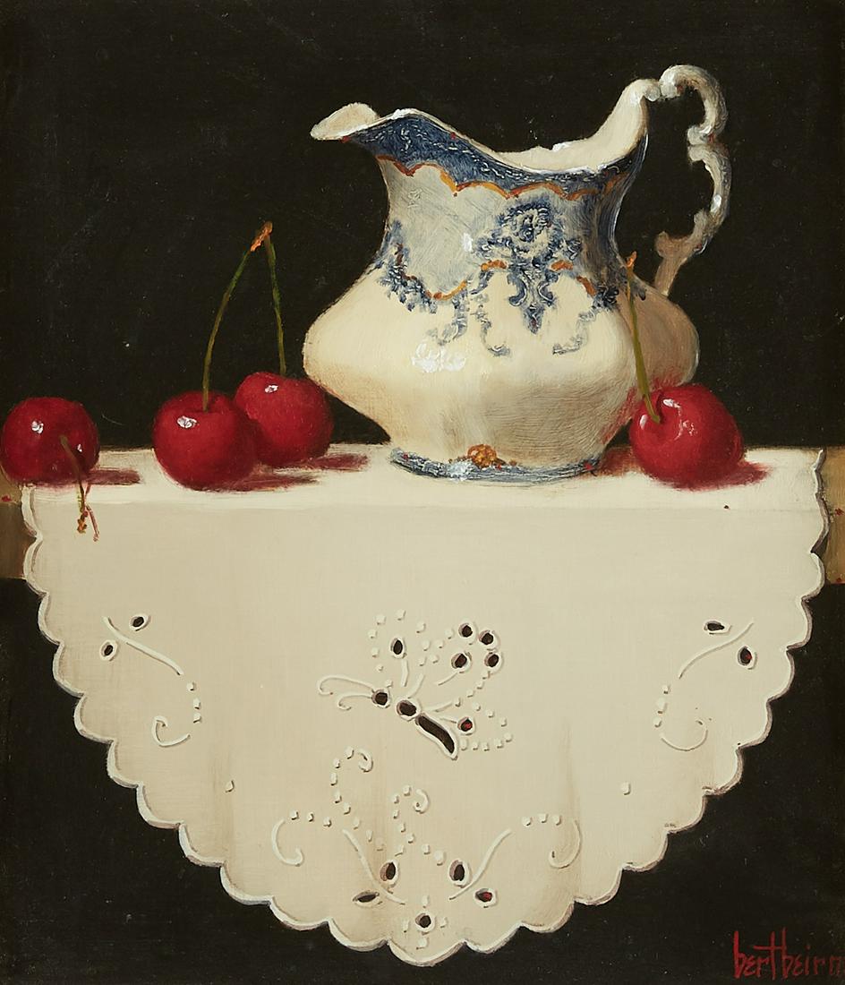 Bert Beirne Still Life Oil on Board: Bert Beirne (20th/21st c). Oil on board still life depicting a porcelain jug with cherries on a doily. Signed along the lower right. Dimensions: Sight; height: 8 1/4 in x width: 7 1/4 in. Framed; heig