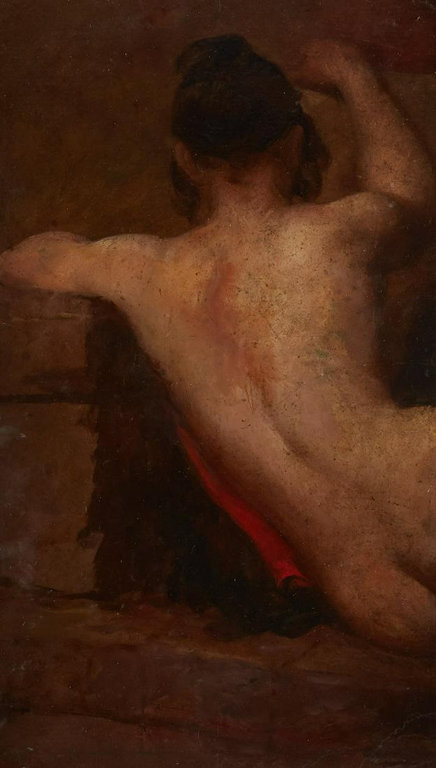 Style of Delacroix Doubled Sided Painting Oil: Double sided painting in the style of the French artist Eugene Delacroix (1798-1863). Oil on paper mounted on board depicting a nude and Christ on the Cross. Dimensions: Sight; height 17 1/4 in x widt