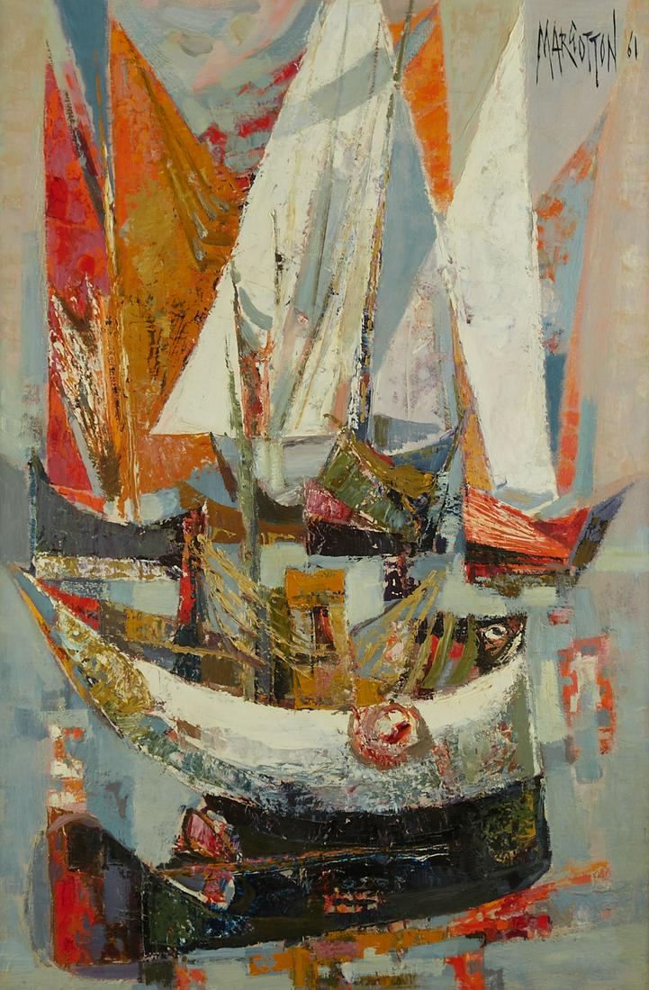 Rene Margotton Ships Oil on Canvas: Rene Margotton (1915-2009). Modernist oil on canvas depicting a group of ships. Signed and dated 1961 along the upper left. Dimensions: Unframed; height: 36 in x width: 24 in. Framed; height: 40 1/4 i