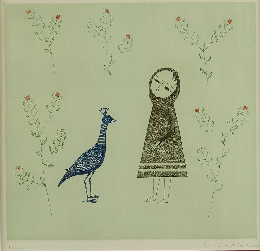 Keiko Minami "Small Girl with Bird" Etching (1 of 5)