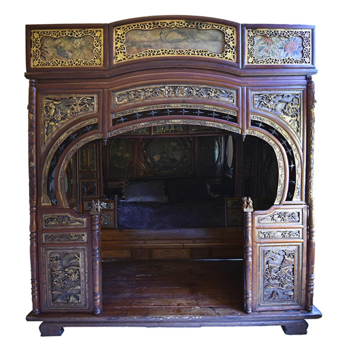 Early 20th c. Chinese Painted Wood Wedding Bed: Early 20th c. Chinese wood wedding bed, with elaborately painted detail. With contemporary custom mattress. The bed is designed to be assembled and disassembled for ease of transportation. In person p