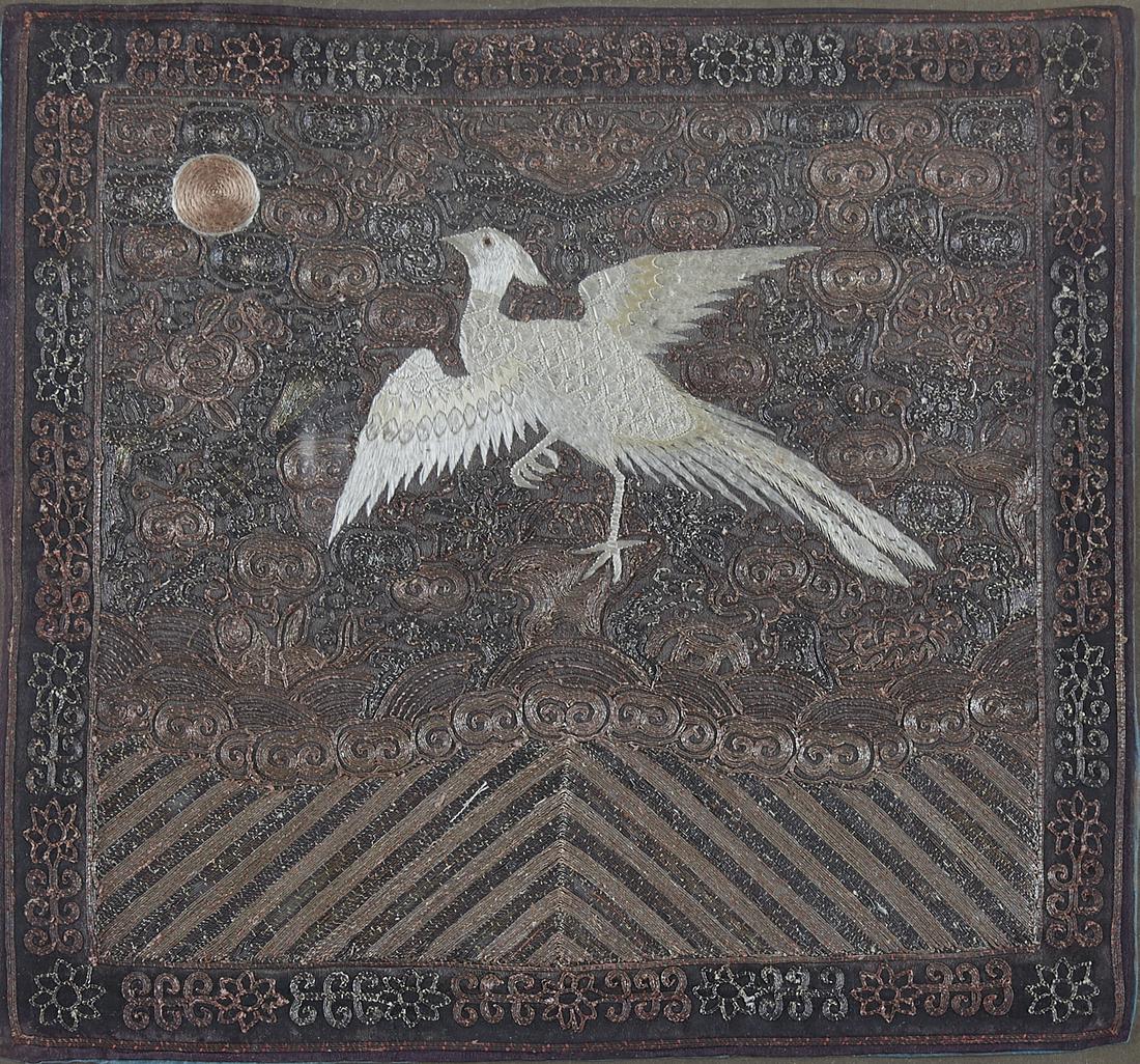 Chinese Embroidered Silk Rank Badge of a Silver: A wonderful example of a fifth rank Chinese imperial court rank badge, featuring a silver pheasant. Excellent piece of Chinese silk embroidery. Dimensions: Sight; Height: 11 in x width: 12 in. Framed;