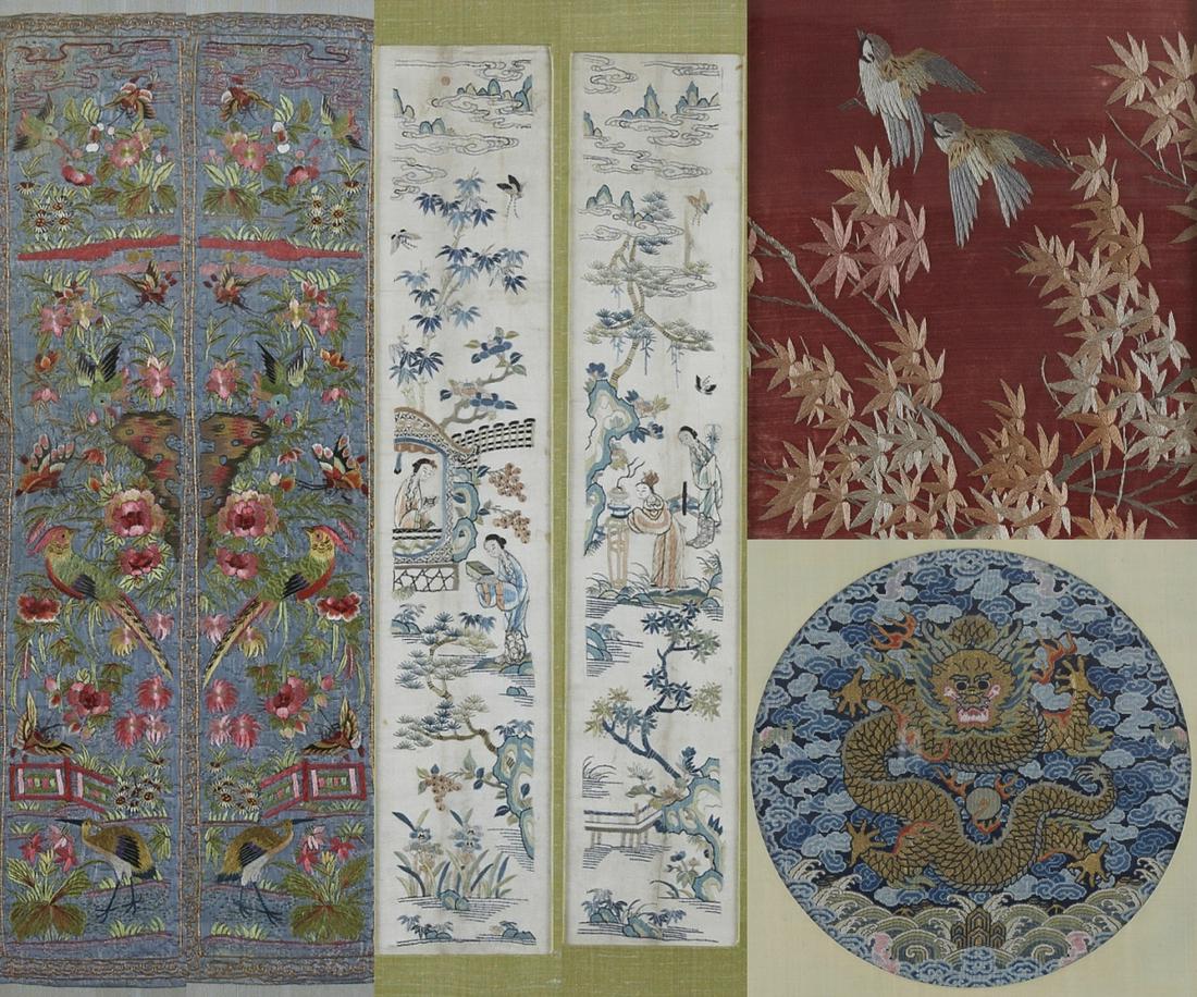 Grp: 7 Framed Chinese Silk Embroideries: Nice group of of Chinese silk embroideries. One unframed. Including a dragon roundel rank badge with provenance from the Beard Gallery. SKU: 03118