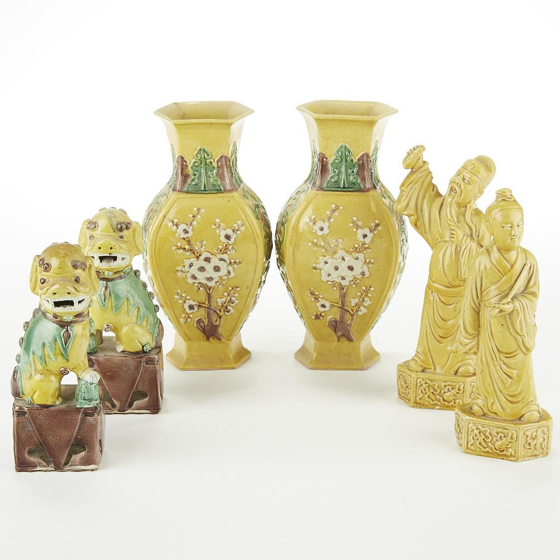 Grp: 6 Chinese Guangxu Biscuit Glazed Porcelain P: Group of six Chinese Guangxu biscuit glazed porcelain pieces, comprised of two vases, two foo dogs, and two figures. Excellent examples of works from the late 19th century and turn of the century. Dim