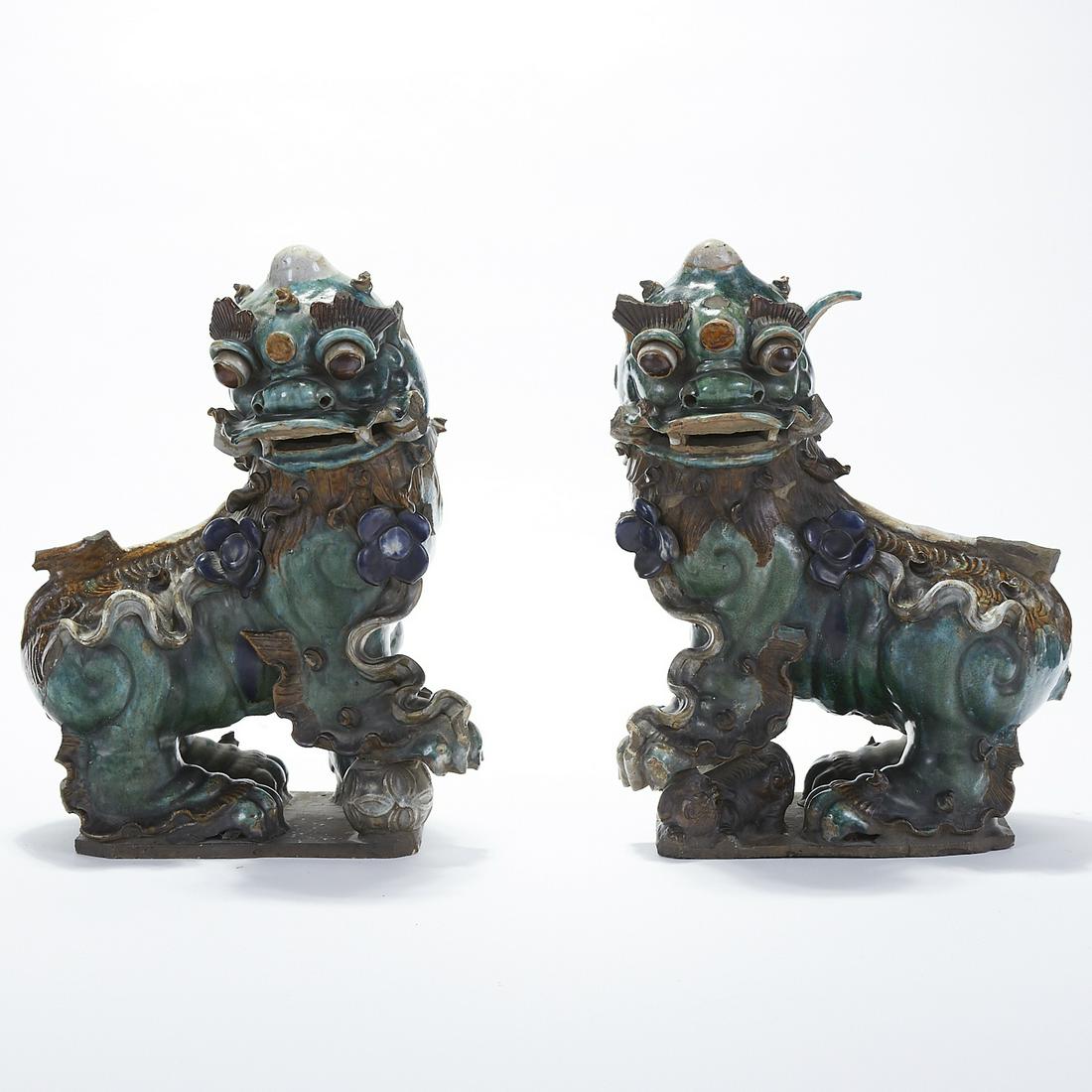 Pr Chinese Monumental Early Ceramic Dog Roof Tile: A wonderful pair of Chinese pre-Qing ceramic or terracotta roof tiles of dogs. Great size and lovely to have a pair. Many small losses to both dogs. Dimensions: Height: 21 in x width: 15 in x depth: 8