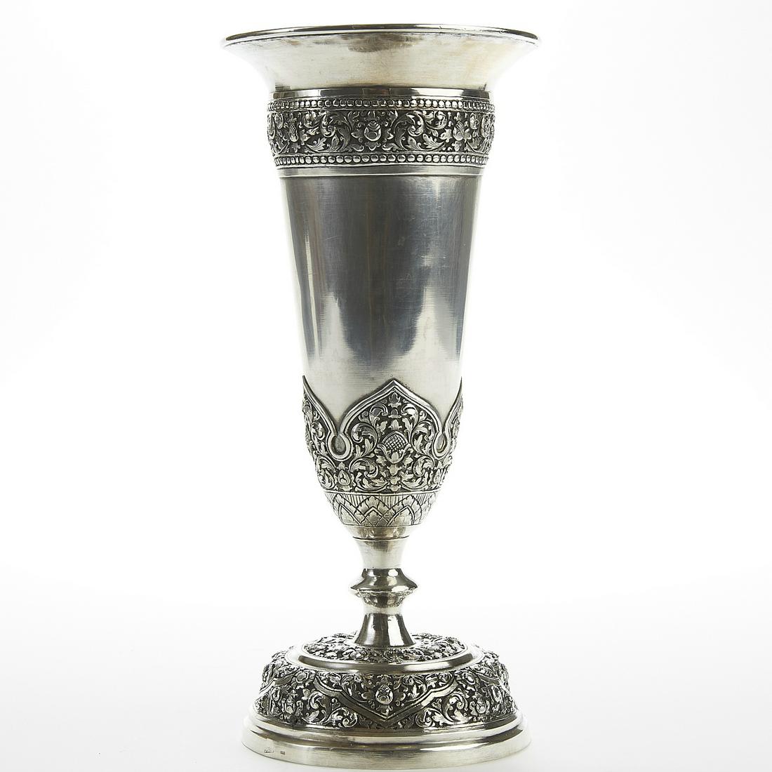 Indonesian Javanese Yogya 800 Silver Vase: One Indonesian Javanese Yogya 800 silver vase. A large and fine piece of Southeast Asian silver. Dimensions: Height: 10 1/2 in x diameter: 5 in. SKU: 03205