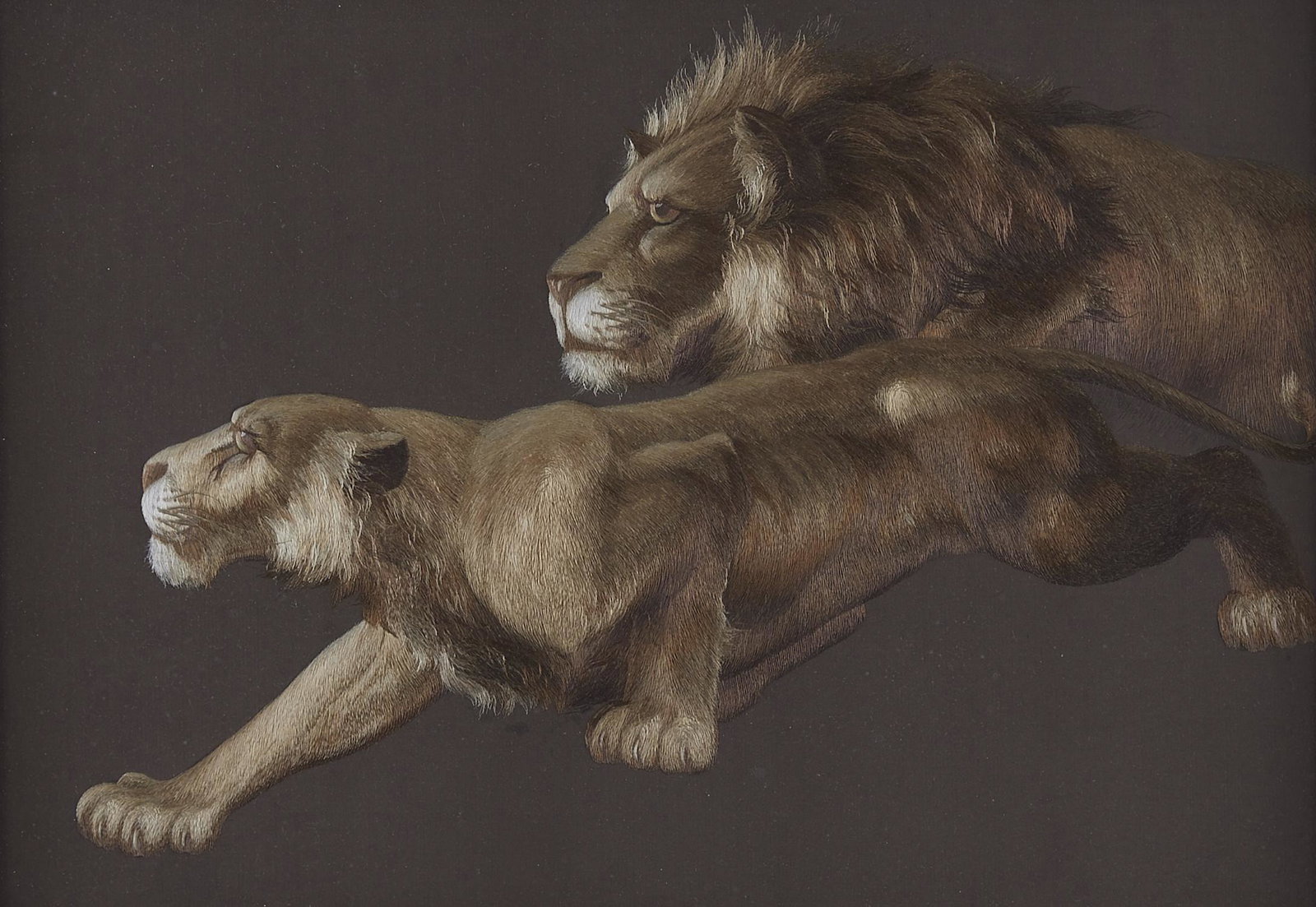 Japanese Meiji Silk Embroidery of Two Lions Nishimura: A stunning example of Japanese Meiji period silk embroidery of the finest quality depicting a lion and a lioness. Excellent craftsmanship and very well preserved. This embroidery is similar to works s