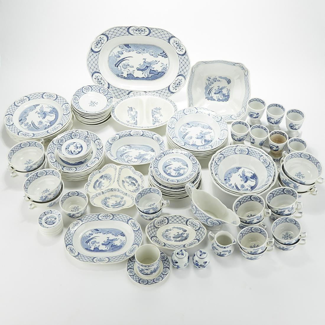Old Chelsea Blue and White Dinner Service: A lovely and large Old Chelsea blue and white Furnivals pattern low fire dinner service. Made in England. Pd No. 647812. SKU: 03254