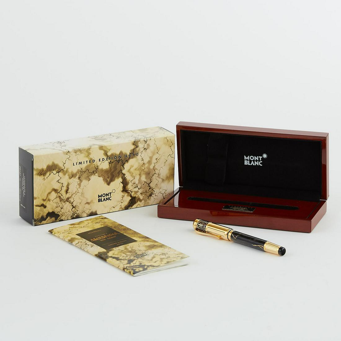 Montblanc Hommage a Alexander the Great Fountain: Montblanc Patron of Art Edition Hommage a Alexander the Great limited edition fountain pen. Ident. #: 18269. Black marbled lacquer barrel; gold-plated cap with black lacquer inlays. Medium 18 K gold n