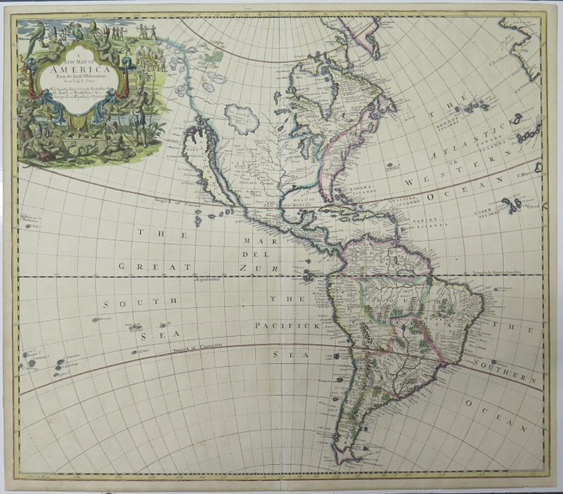 John Senex Map of North and South America 1719-17: John Senex (1678â€“1740), "A New Map of America from the Latest Observations," London, ca. 1719-1721. Hand colored copperplate engraved map of North and South America, from Senex's "New General A