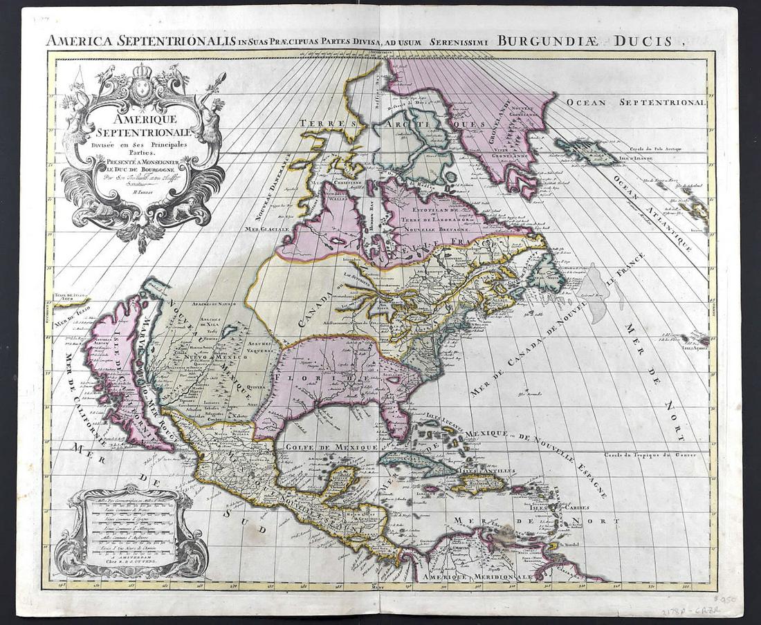 Hubert Jaillot Map of North America California as: Hubert Jaillot (1632-1712), "Amerique Septentrionale Divisee en ses Principales Parties," Paris, 1692. Hand colored map of North America, depicting California as an island based on Sanson's projection