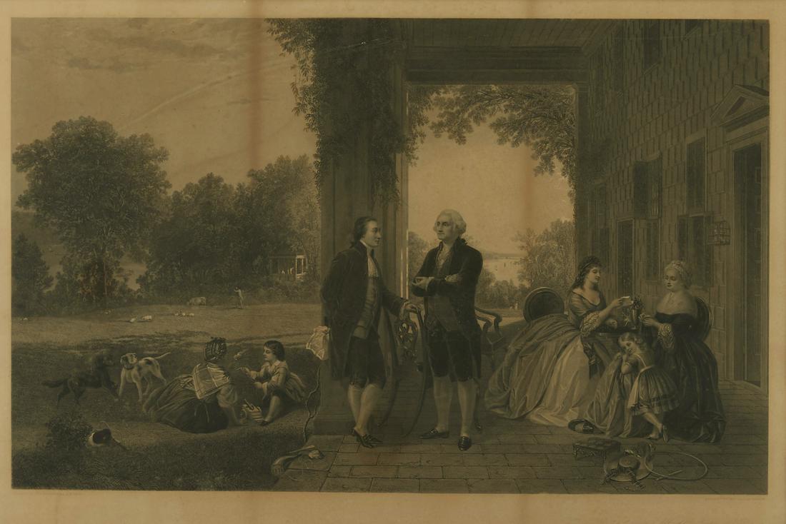 Thomas Oldham Barlow "The Home of George Washingt: Thomas Oldham Barlow (1824-1889), after Thomas Prichard Rossiter (1818-1871) and Louis Remy Mignot (1831-1870). Engraving on paper titled "The Home of Washington" depicting George Washington and the M