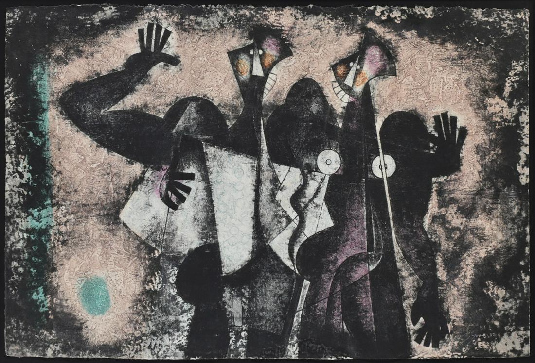 Byron Galvez "Dialogue in Red" Acryligraph: Byron Galvez (b. 1941). Acryligraph on paper titled "Dialogue in Red," depicting a pair of abstracted figures. Signed and dated 1989 along the lower right and numbered 75/125 along the lower left. Dim