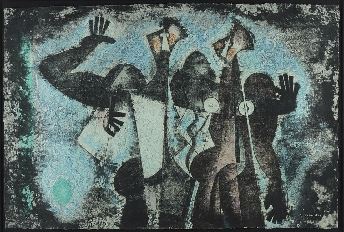 Byron Galvez "Dialogue in Blue" Acryligraph: Byron Galvez (b. 1941). Acryligraph on paper titled "Dialogue in Blue." Signed and dated 1989 along the lower right, and numbered 75/125 along the lower left. Dimensions: Sight; height: 32 in x width: