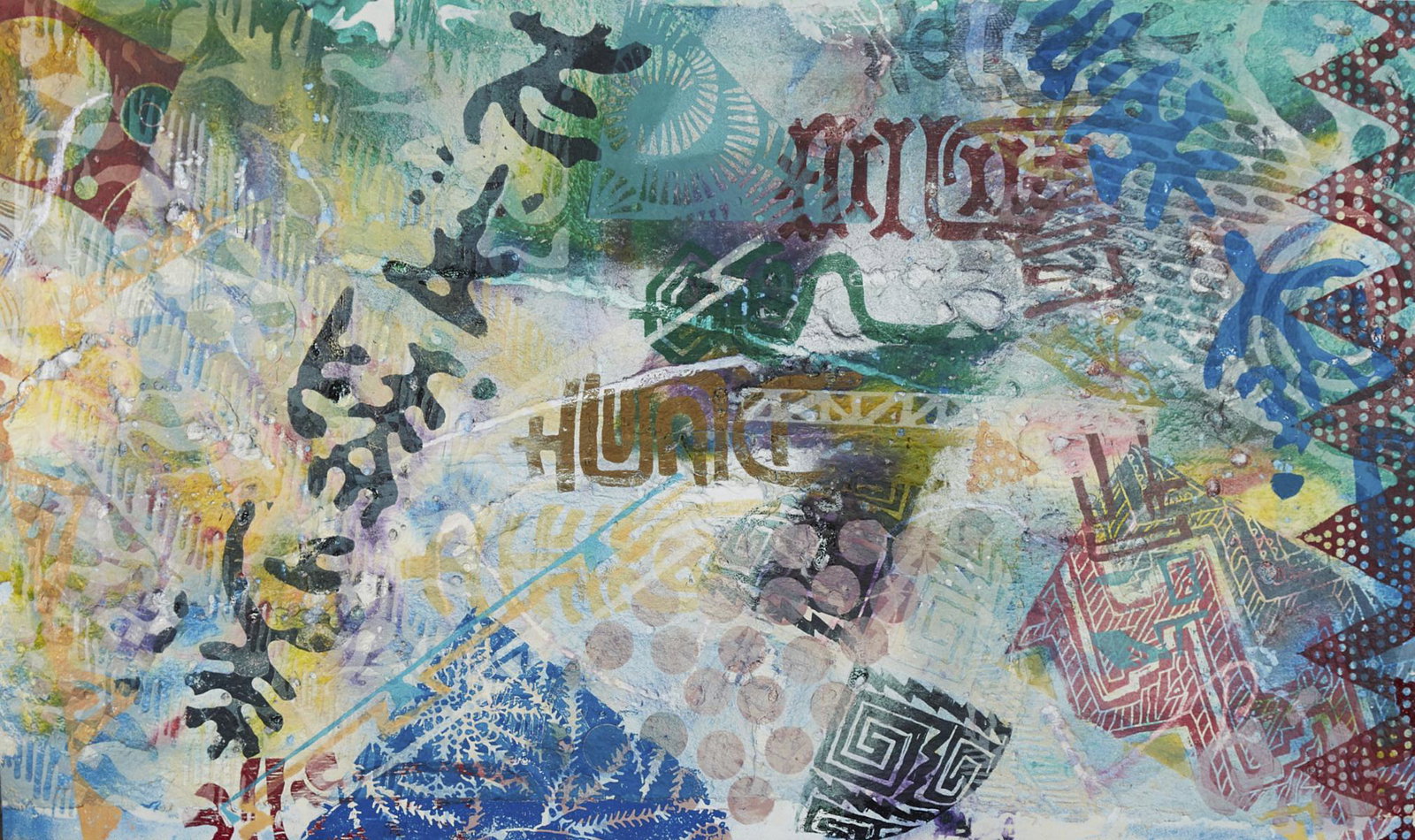 William Weege "Eyes of Blue" Mixed Media on Canva: William Weege (b. 1935). Mixed media on canvas titled "Eyes of Blue." Signed, titled, and dated 1988 along the verso. Dimensions: Height: 45 in x width: 76 in. SKU: 03709