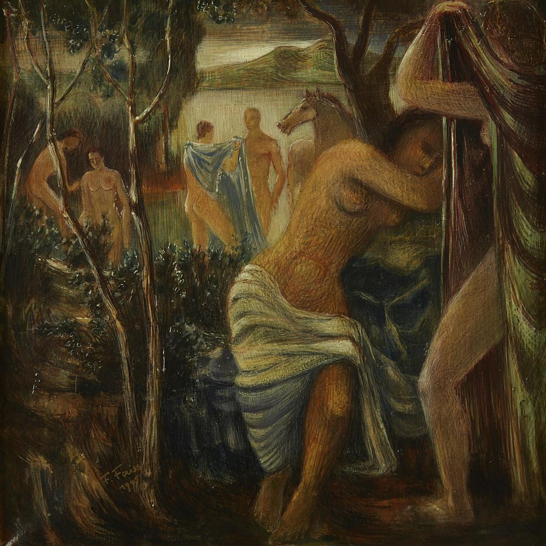 Fritz Faiss Oil on Canvas: Fritz Faiss (1905-1981). Oil on canvas depicting a scene of figures and horses with a lake in the background. Signed and dated 1945 along the lower left. Dimensions: Unframed; height: 19 in x width: 1