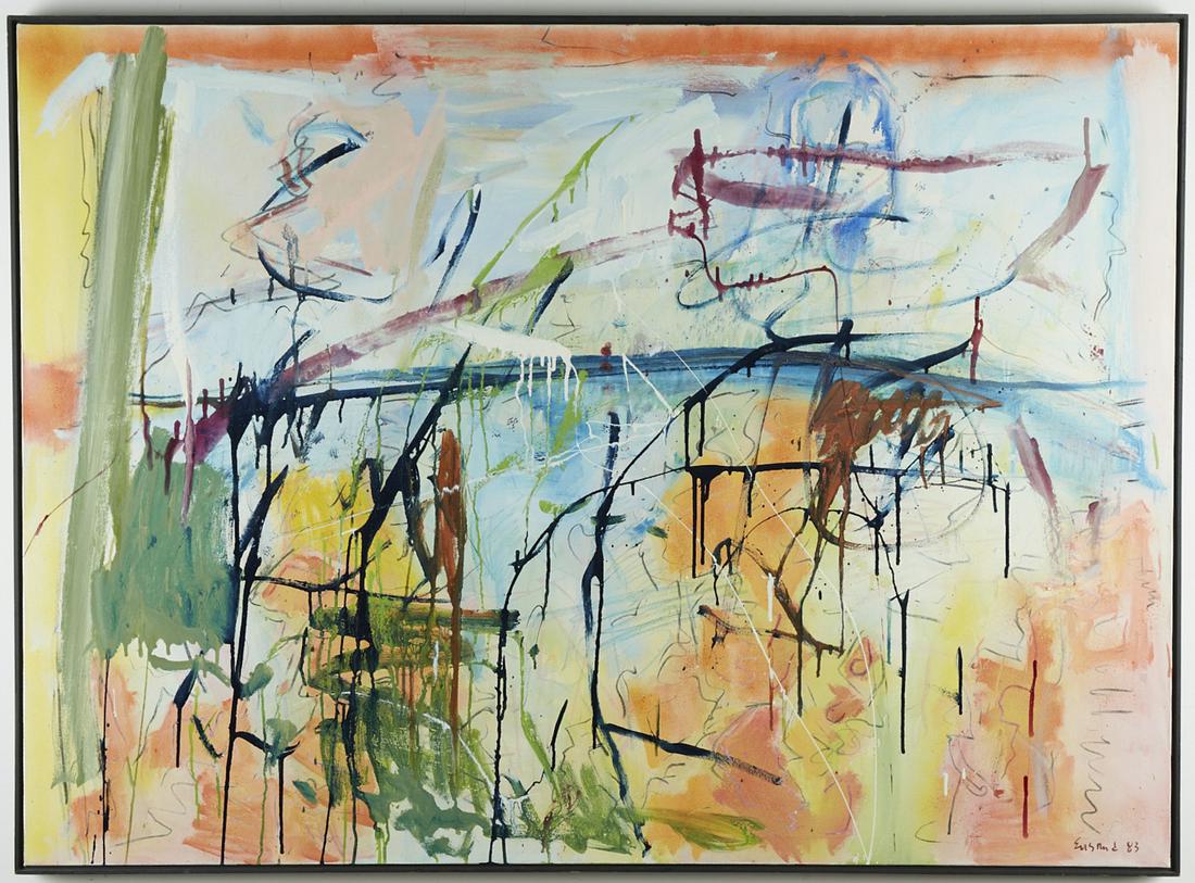 Wayne Ensrud "Daybreak over Central Park, NYC" Oi: Wayne Esrud (b. 1934). Abstract oil on canvas titled "Daybreak over Central Park, NYC." Signed and dated 1983 along the lower right. Dimensions: Unframed; height: 43 1/2 in x width: 60 in. Framed; hei