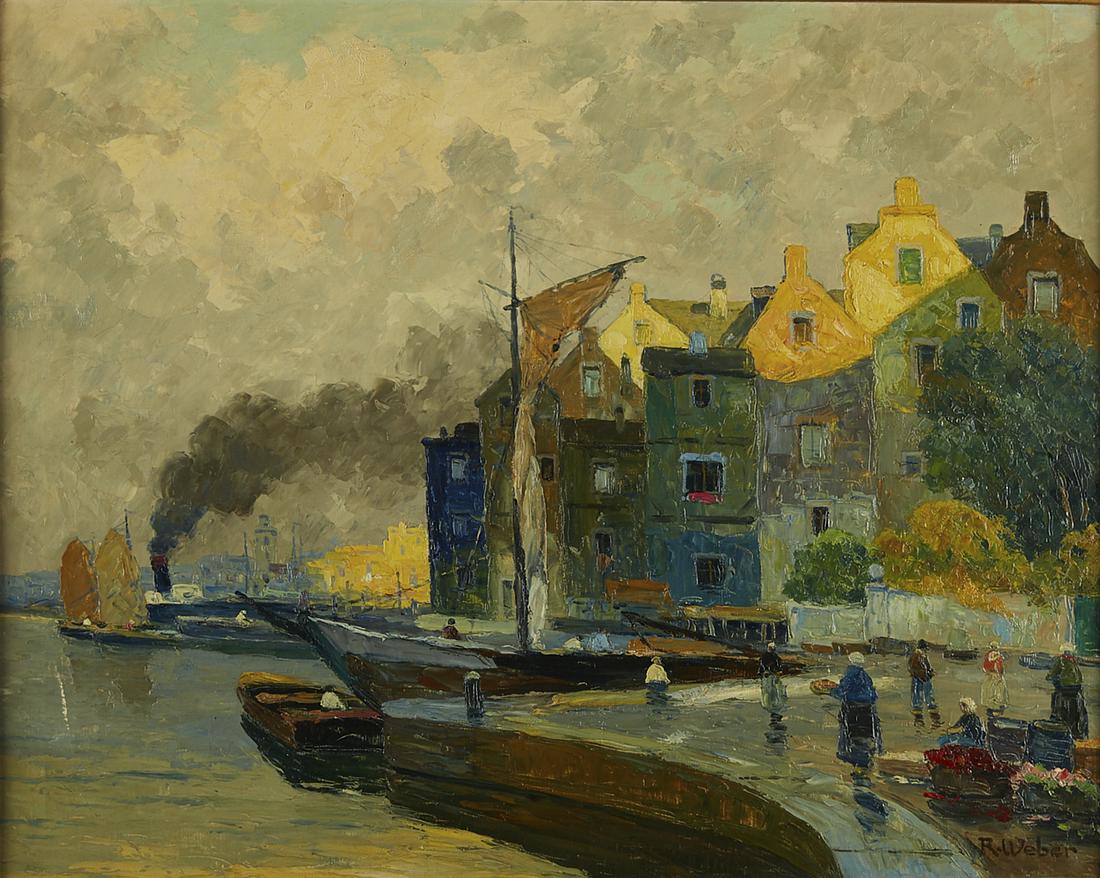 Rudolf Weber "At Harderwijk" Oil on Canvas: Rudolf Weber (19th c). Oil on canvas titled "At Harderwijk," depicting a dock scene. Signed along the lower right. Dimensions: Sight; height: 23 1/2 in x width: 29 1/2 in. Framed; height: in x width: