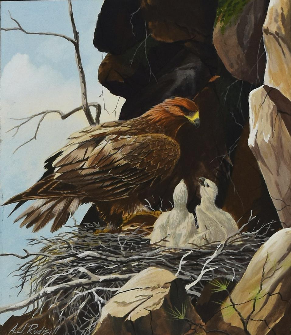 Anthony J. Rudisill Golden Eagle Gouache on Paper: Anthony J. Rudisill (b. 1934). Gouache on paper depicting a golden eagle with two chicks. Signed along the lower left. Adhered to board. Dimensions: Height: 7 3/8 in x width: 6 3/8 in. SKU: 03669