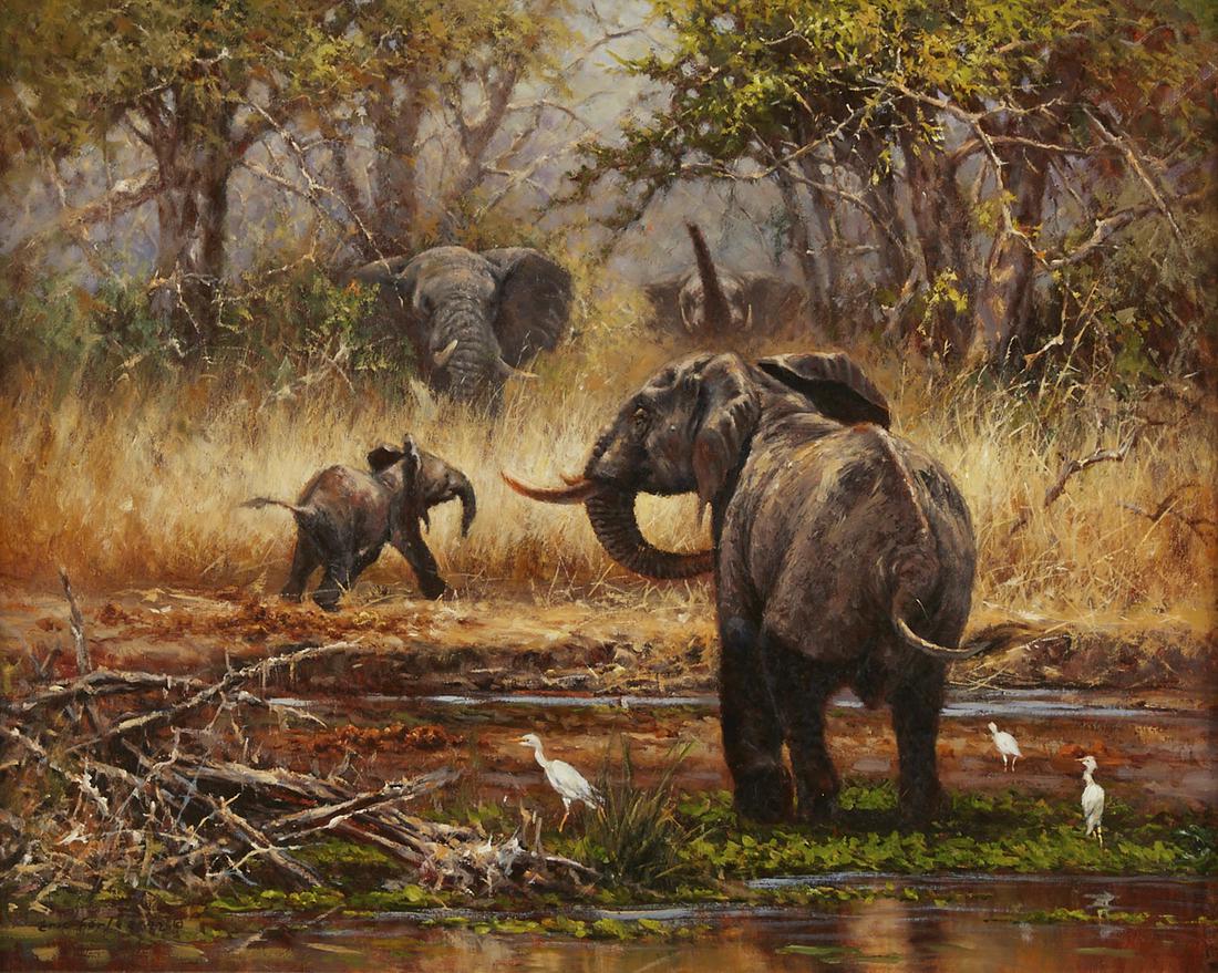 Eric Forlee African Elephants Painting Oil on Can: Eric Forlee (b. 1949). Oil painting on canvas depicting African elephants. Signed and dated 1992 along the lower left. Dimensions: Sight; height: 29 1/2 in x width: 35 1/2 in. SKU: 03292