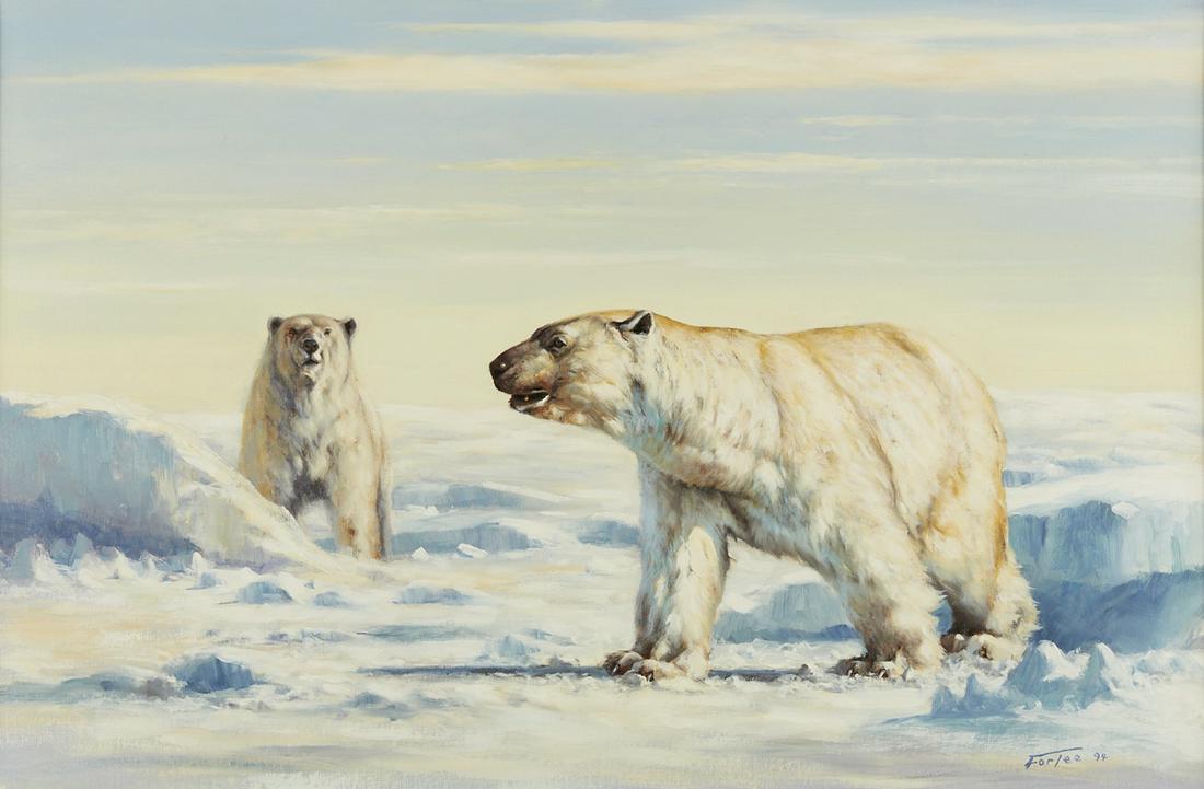 Eric Forlee "The Challenger" Oil on Canvas: Eric Forlee (b. 1949). Oil painting on canvas titled "The Challenger," depicting polar bears. Signed and dated 1994 along the lower right. Dimensions: Sight; height: 23 1/2 in x width: 35 1/2 in. SKU: