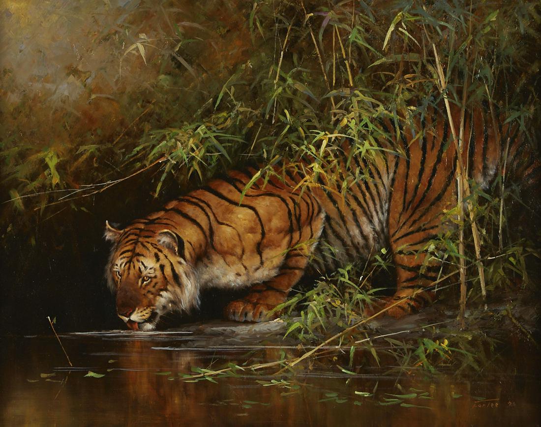 Eric Forlee Tiger Painting Oil on Canvas: Eric Forlee (b. 1949). Oil on canvas depicting a tiger. Signed and dated 1996 along the lower right. Dimensions: Sight; height: 30 in x width: 24 in SKU: 03296