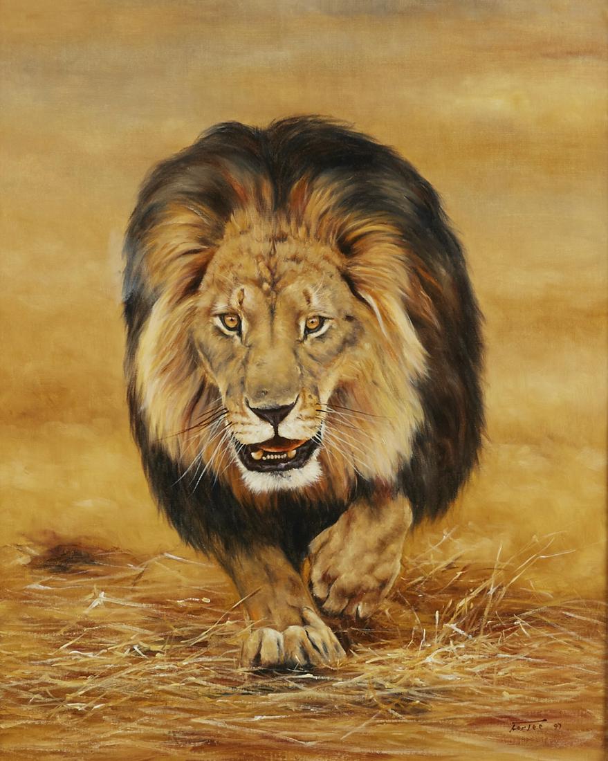 Eric Forlee Lion Painting Oil on Canvas: Eric Forlee (b. 1949). Oil painting on canvas depicting a lion. Signed and dated 1997 along the lower right. Dimensions: Sight; height: 23 1/2 in x width: 29 1/2 in. SKU: 03298