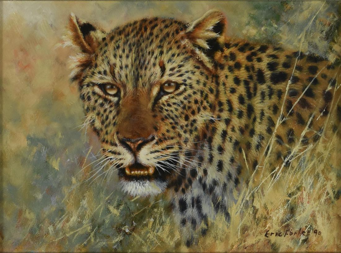 Eric Forlee Cheetah Painting Oil on Canvas: Eric Forlee (b. 1949). Oil on canvas depicting a snarling cheetah. Signed and dated 1990 along the lower right. Dimensions: Sight; height: 11 1/2 in x width: 8 1/2 in. SKU: 03300