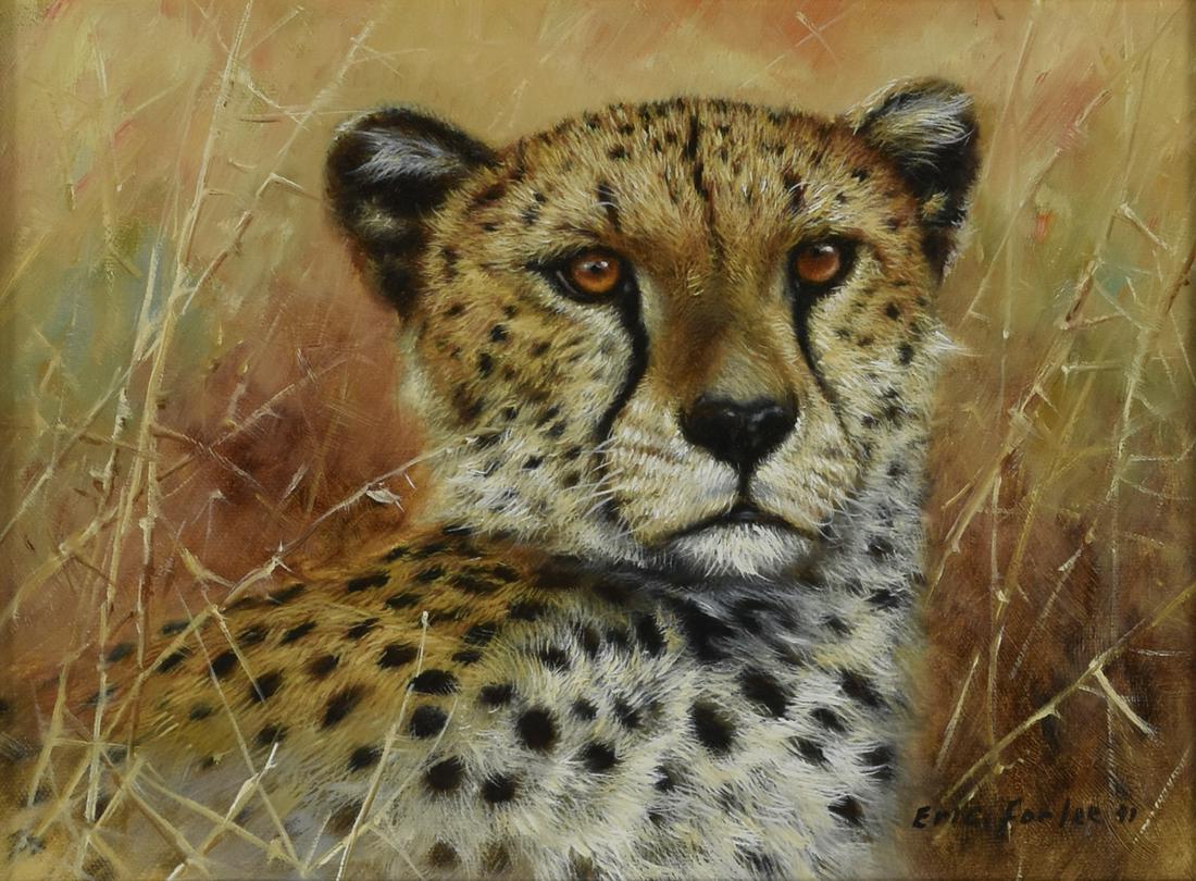 Eric Forlee Cheetah Painting Oil on Canvas: Eric Forlee (b. 1949). Oil on canvas depicting a cheetah in tall grass. Signed and dated 1991 along the lower right. Dimensions: Sight; height: 11 1/2 in x width: 8 1/2 in. SKU: 03301