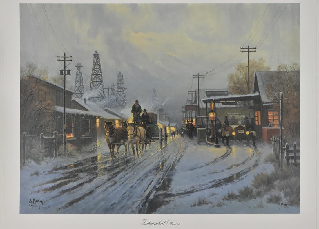 G. Harvey "Independent Oilmen" Lithograph Art Pri: G. Harvey (1933-2017). Offset lithograph on paper titled "Independent Oilmen." Signed along the lower left and numbered 559/1000 along the lower right. With colophon and Affadavit of Limited Edition C