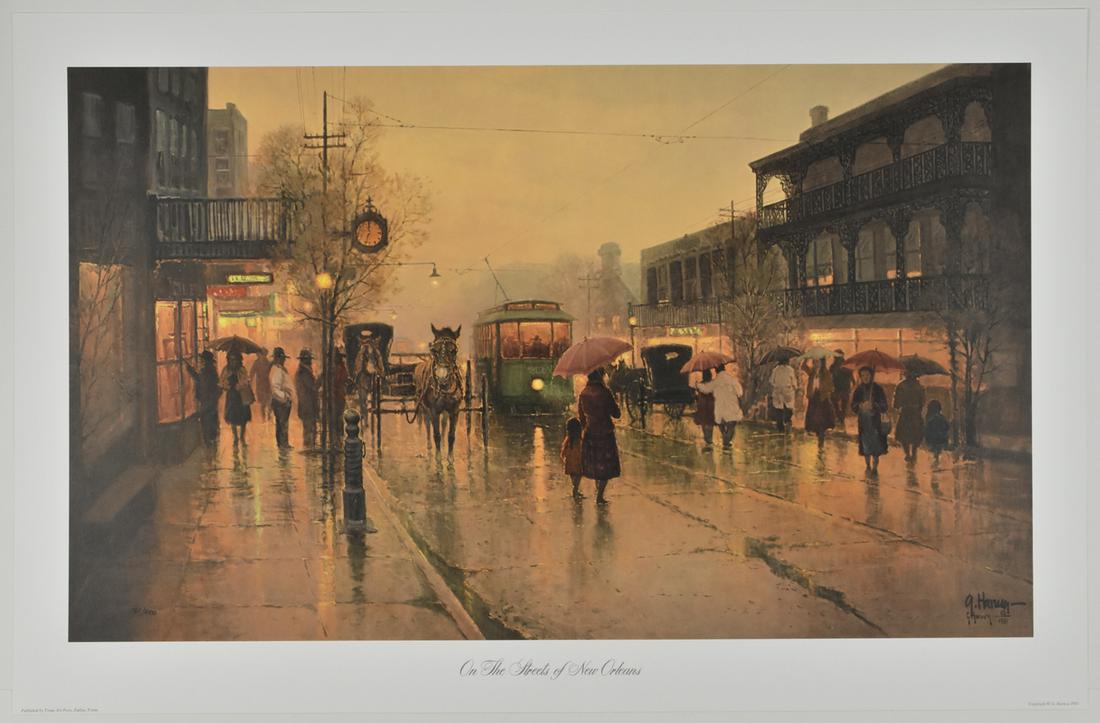 G. Harvey "On the Streets of New Orleans" Lithogr: G. Harvey (1933-2017). Offset lithograph on paper titled "On the Streets of New Orleans." Signed along the lower right and numbered 561/1000 along the lower left With colophon and Affadavit of Limited