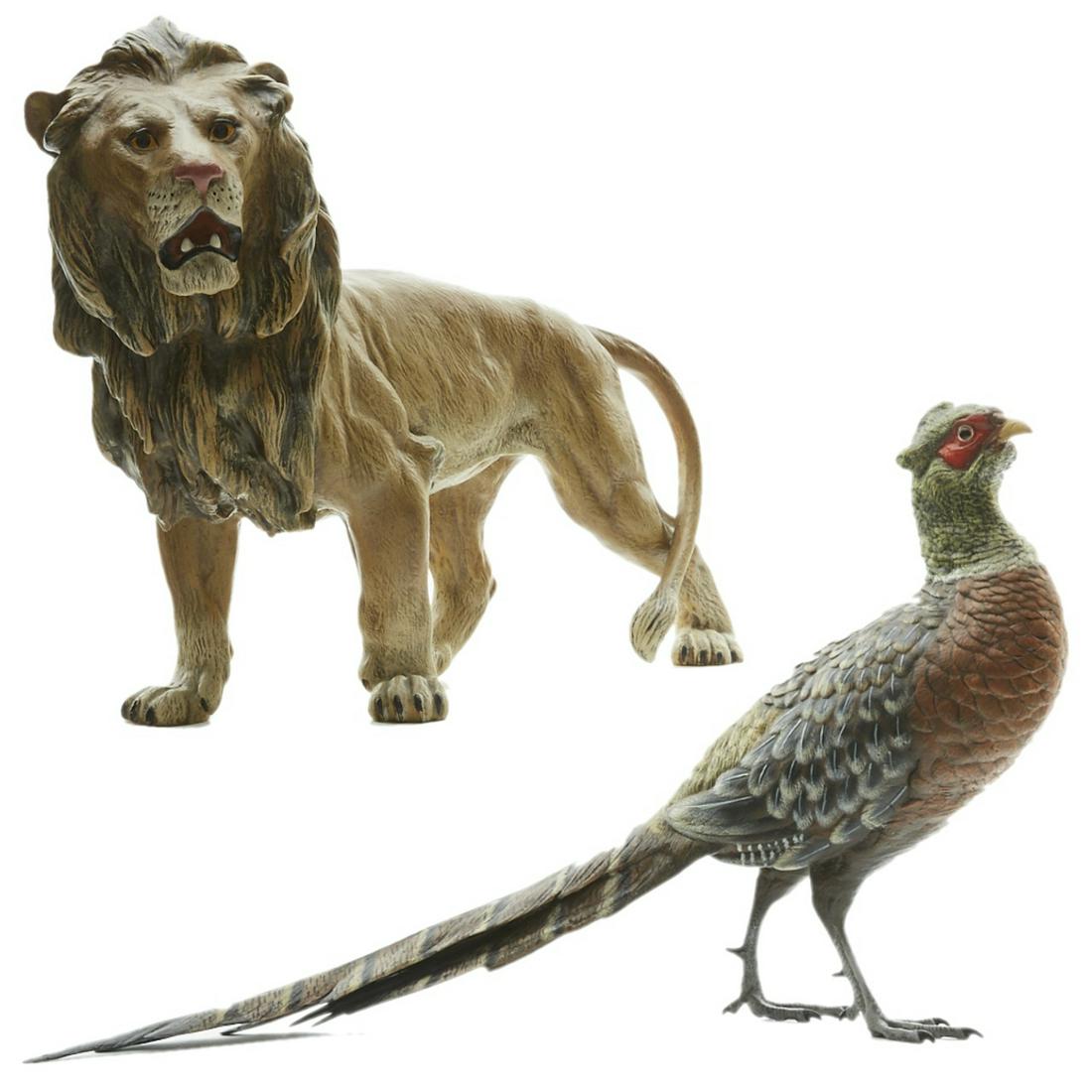 Grp: 2 Bergman Austrian Cold Painted Bronze Sculp: Bergman, Austria. Two cold painted bronze animal sculptures; one ring neck pheasant and one lion. Both marked with the Bergman â€œB” foundry mark. Dimensions: Height: 9 in. SKU: 03299