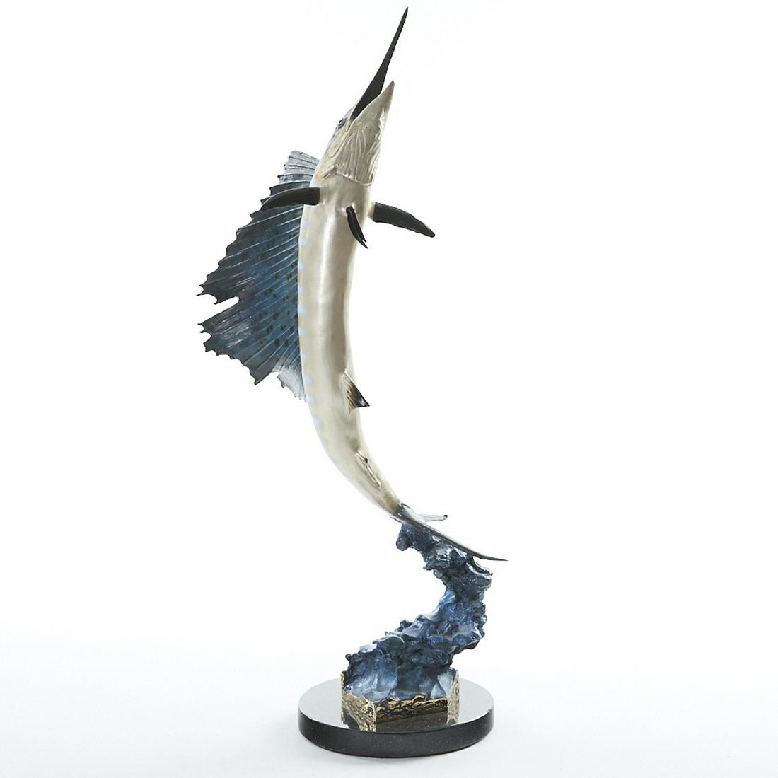 Robert Wyland Sailfish Polychrome Bronze Sculptur: Robert Wyland (b. 1956). Polychrome bronze sculpture depicting a sailfish. Signed, dated 1990, and numbered 6/350 along the base of the bronze. On a marble base. Dimensions: Height: 23 in. SKU: 03264