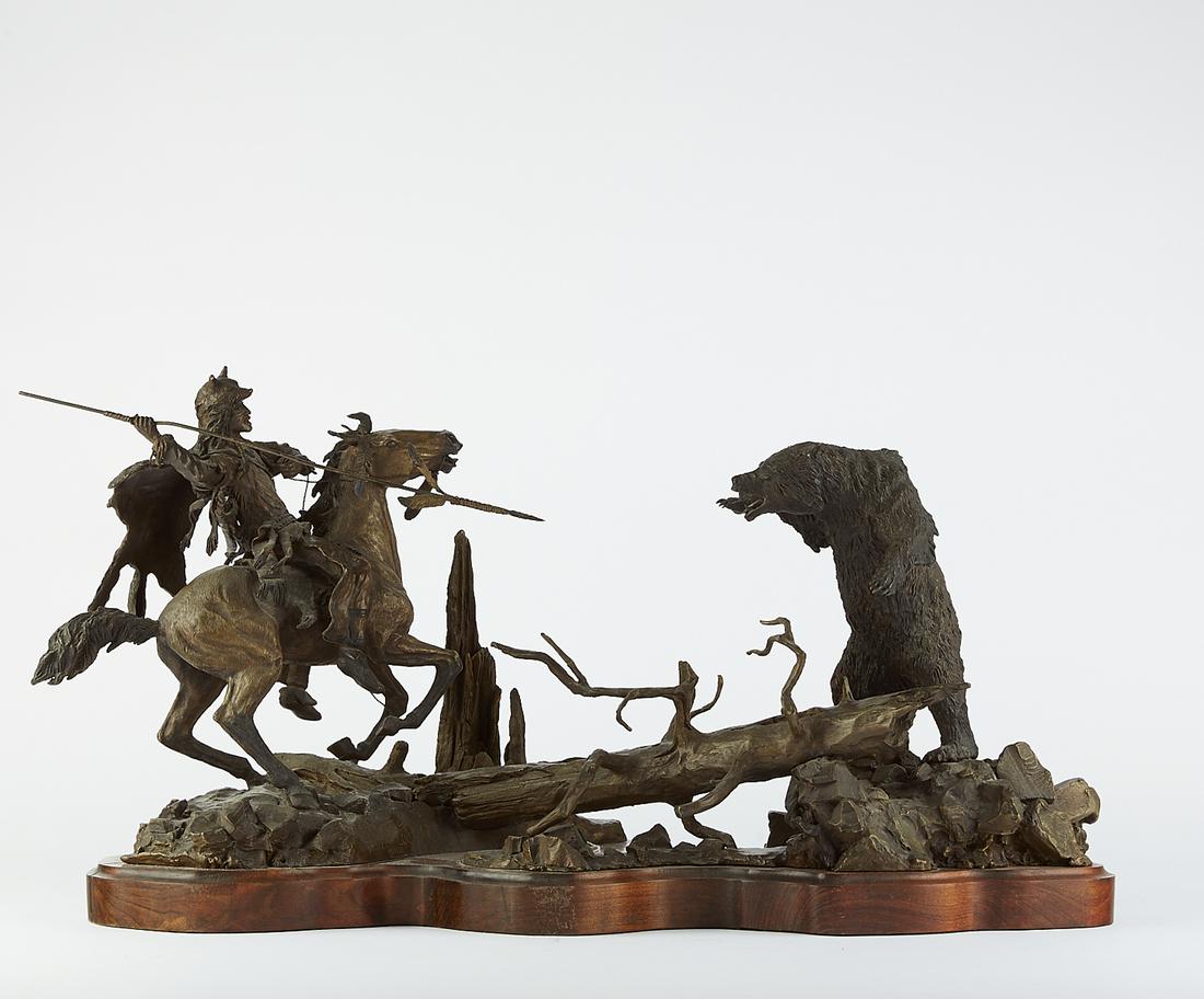 David Manuel "Grizzly Coup" Bronze Sculpture: David Manuel (b. 1940). Bronze sculpture titled "Grizzly Coup" of a man on horseback pointing a spear at a rearing grizzly bear. Signed, titled, and dated 1978 along the verso. Dimensions: Height: 18 