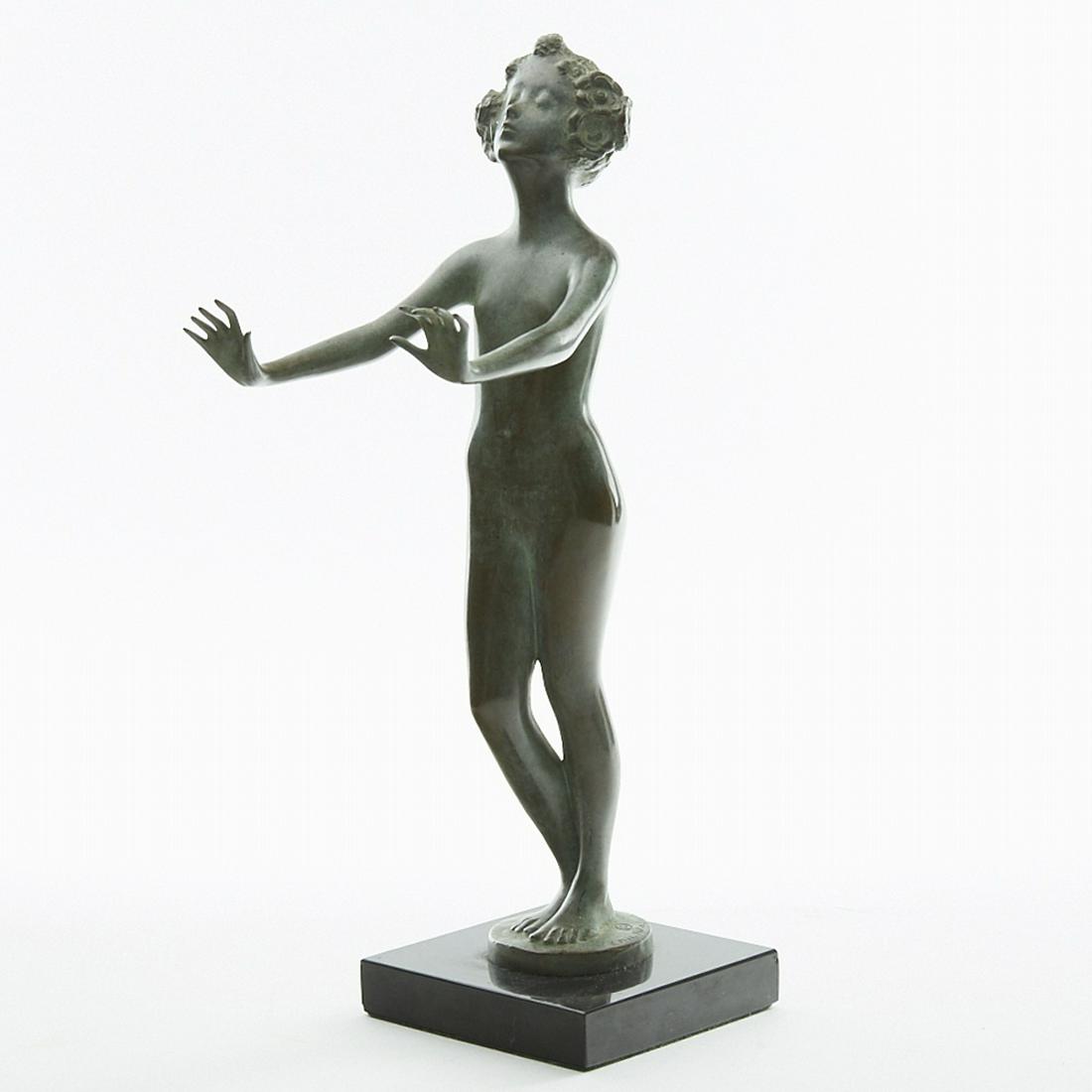 Emil Fuchs "The Call From Beyond" Bronze Sculptur: Emil Fuchs (1866â€“1929). Bronze sculpture titled "The Call From Beyond," depicting a young girl with flowers in her hair reaching out toward the unknown. Signed and with foundry mark reading "Go