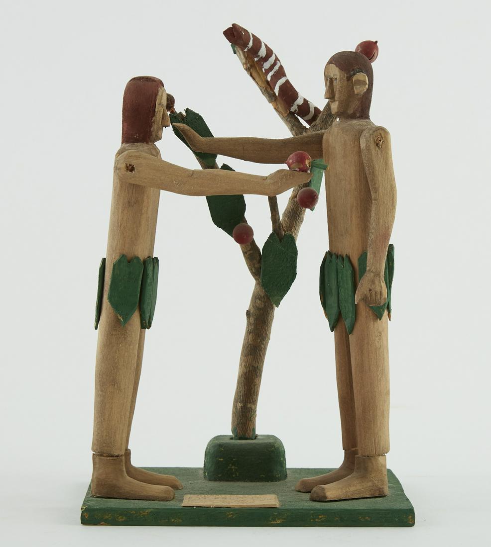 Fred Webster Southern Folk Art Carving Adam and E: Fred Webster (1911-1998). Southern folk art carving of Adam and Eve, basswood. Fayette Co., Alabama. Plaque reads, "Adam, please eat fruit, it is good. No, I will not eat it." Dimensions: Height: 9 5/
