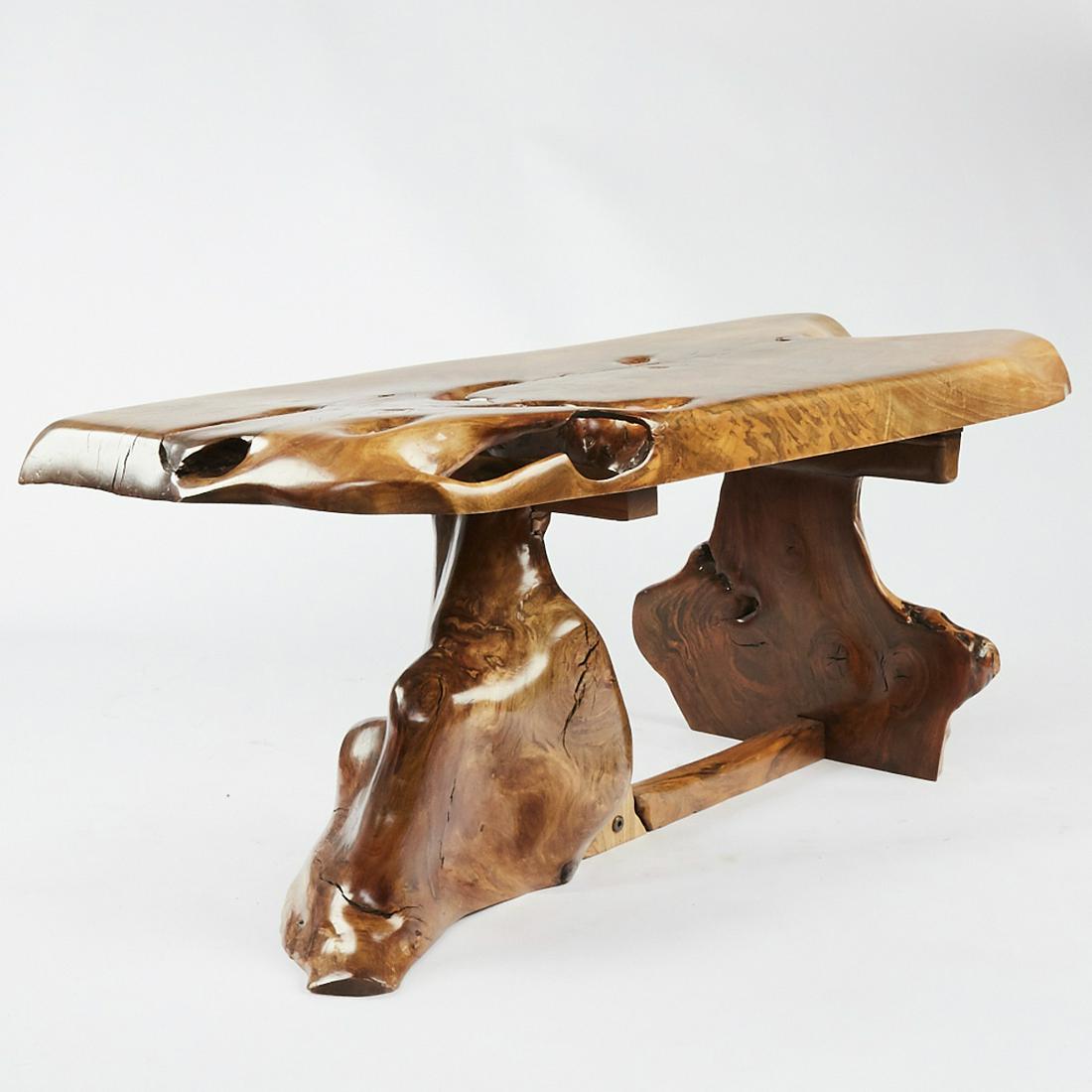 Burl Wood Coffee Table: A lovely low coffee table or bench made of a polished wood burl slab, inspired by George Nakashima and Steven Siegel of Burl Bros. Dimensions: Height: 19 in x width: 46 in x depth: 19 in. SKU: 03295