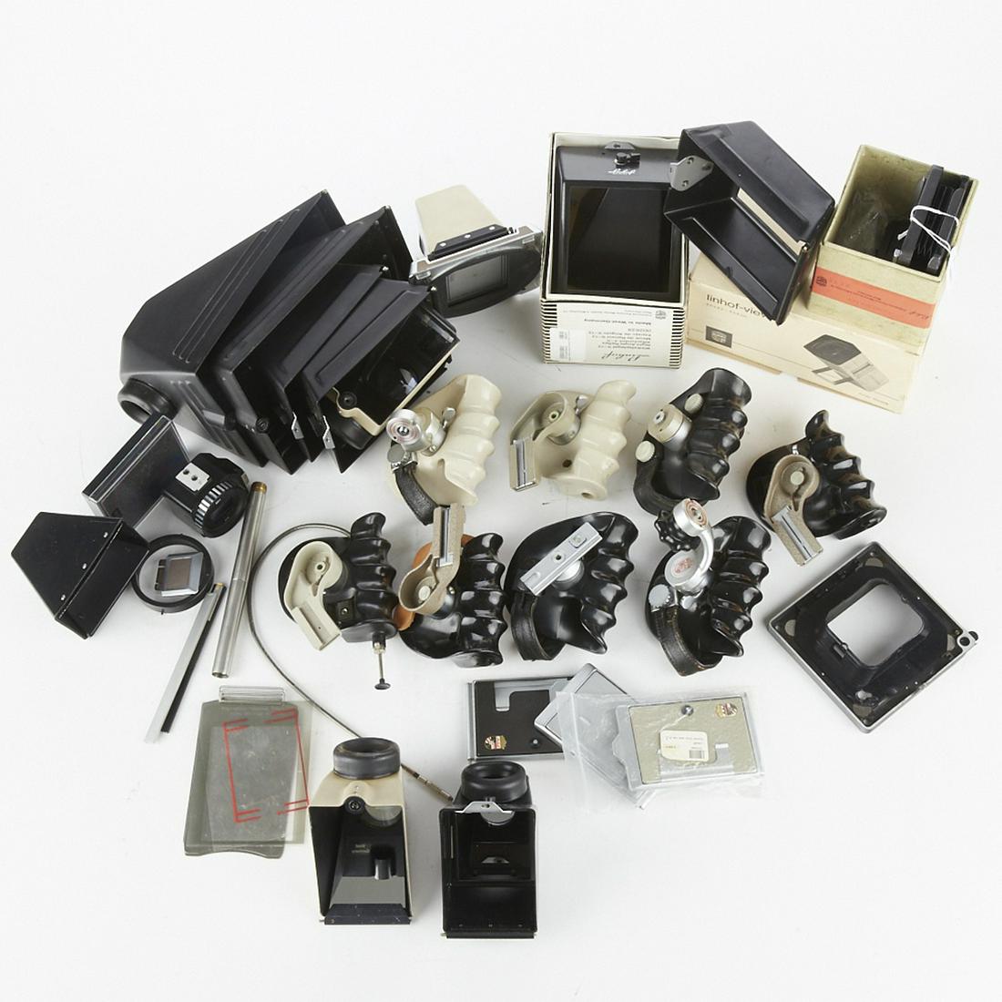 Grp of Linhof Camera Accessories: Group of Linhof camera accessories, including viewfinder covers, Technika handles and others. SKU: 03791
