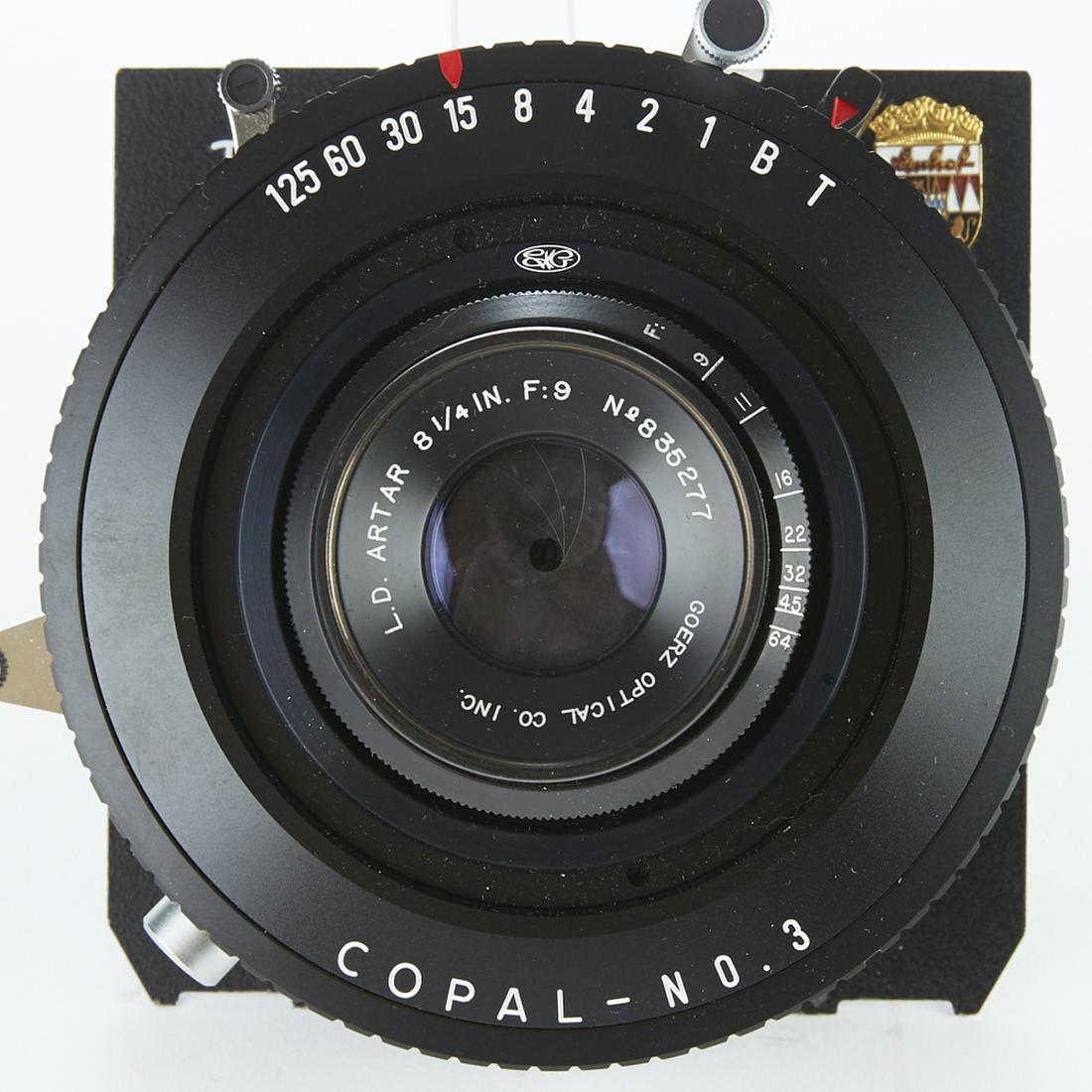 Goerz Optical Co. L.D. Artar 8 3/4 In f=9 Camera: Goerz Optical Co. L.D. Artar 8 3/4 In f=9 camera lens. Copal- No. 3 shutter with Linhof Technika Shutter. Made in Japan. SKU: 03040