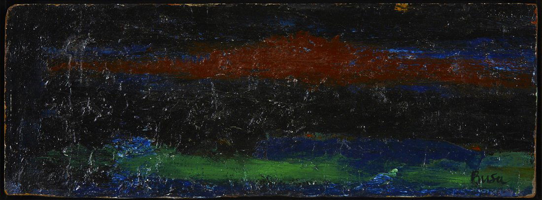 Peter Busa Abstract Oil on Canvas: Peter Busa (1914-1985). Oil on canvas abstract painting, ca. 1945-1950. Signed along the lower right. This artist was a member of the Indian Space movement which included the artists Steve Wheeler, Ho