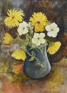 Mary Pratt Still Life Watercolor: Mary Pratt (1935-2018). Watercolor on paper still life depicting a vase of flowers. Signed and dated 1968 along the lower right. Dimensions: Sight; height: 14 1/2 in x width: 10 1/2 in. Framed; height