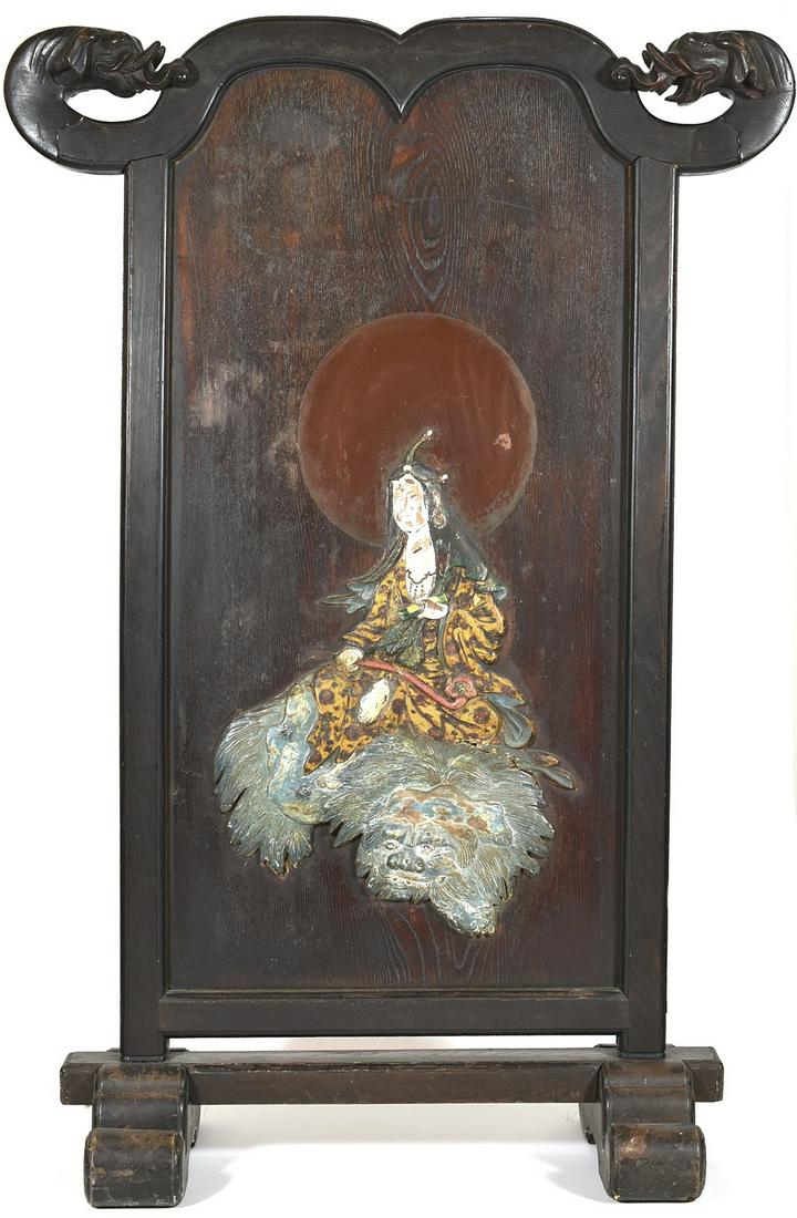 Japanese Early Meiji Floor Screen: A very lovely Japanese floor screen with excellent decoration in polychrome of a Guanyin figure on one side and a scholars rock with archaic Chinese style calligraphy on the back. The frame is carved 