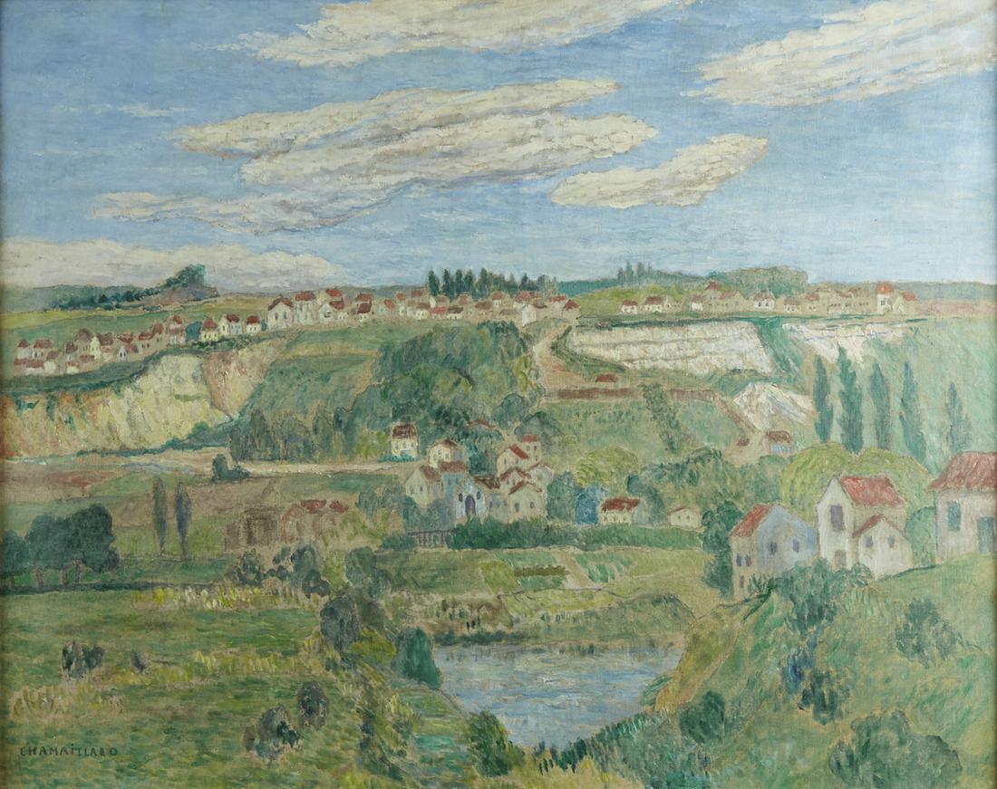 Ernest Ponthier Chamaillard "The Cliffs at Glomar: Ernest Ponthier Chamaillard (1862-1930). Oil on canvas landscape titled "The Cliffs at Glomark." Signed along the lower left. Dimensions: Sight; height: 28 in x width: 35 1/2 in. Framed; height: 33 3/