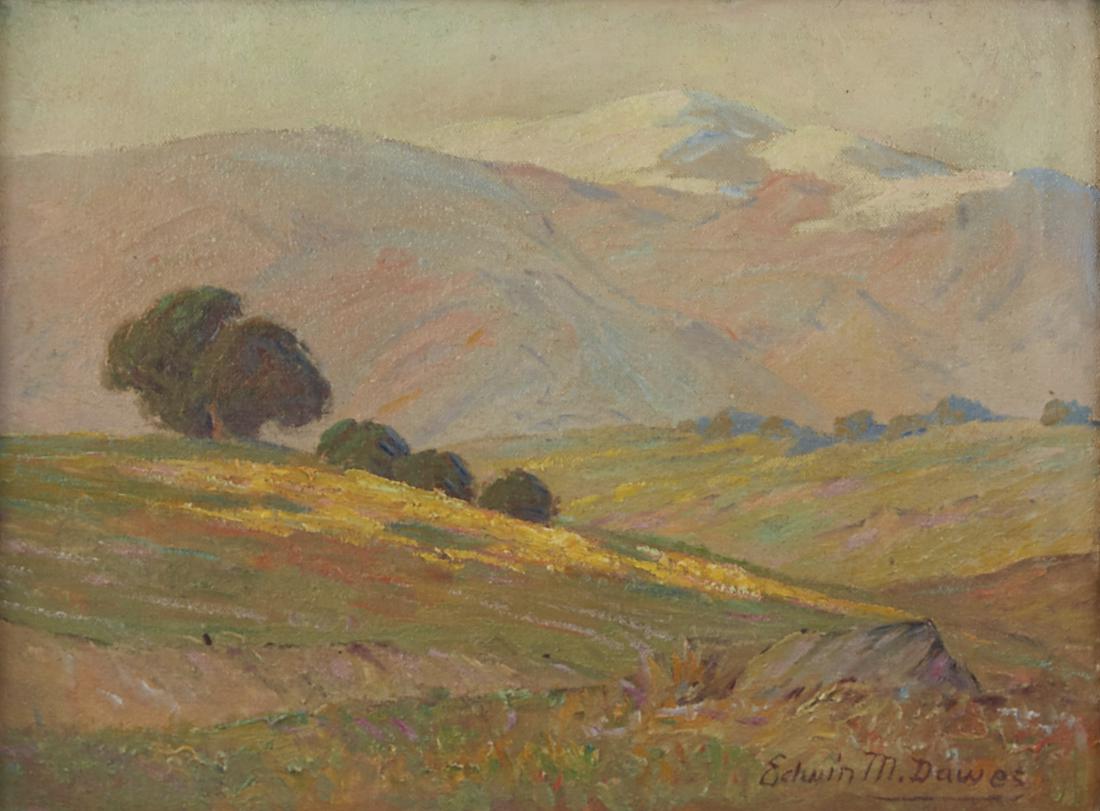 Edwin Minot Dawes Landscape Oil on Board: Edwin Minot Dawes (1872-1945). Oil on board depicting a landscape of a grove of trees in the foothills of the mountains. Signed along the lower right. Dimensions: Unframed; height: 12 1/4 in x width: 