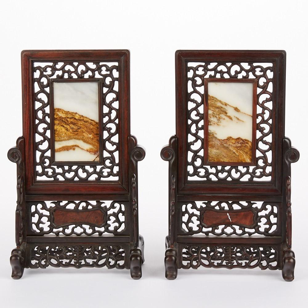 Pr Early 20th c. Chinese Export Scholar's Screens w/: Pair of early 20th c. Chinese export carved wood scholar's screens with inset dreamstone panels. (Both) height: 10 in x width: 6 in x depth: 3 1/2 in.