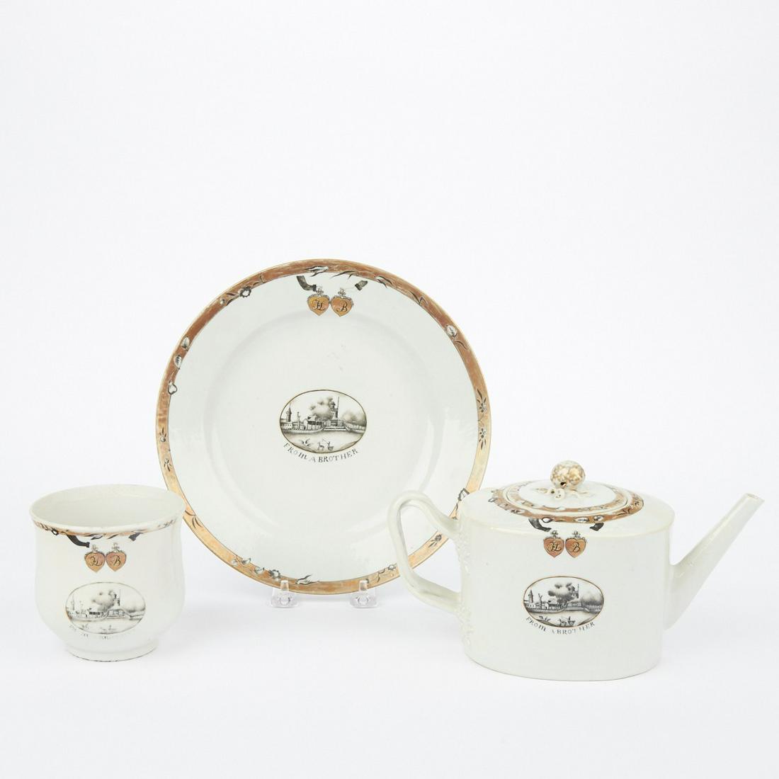 Chinese Export Porcelain Tea Set "From A Brother": Chinese Export porcelain tea set ca. 1790-1800 consisting of one drum teapot dinner plate and handleless sugar bowl with unidentified "From a Brother" inscription and double heart "FLB&