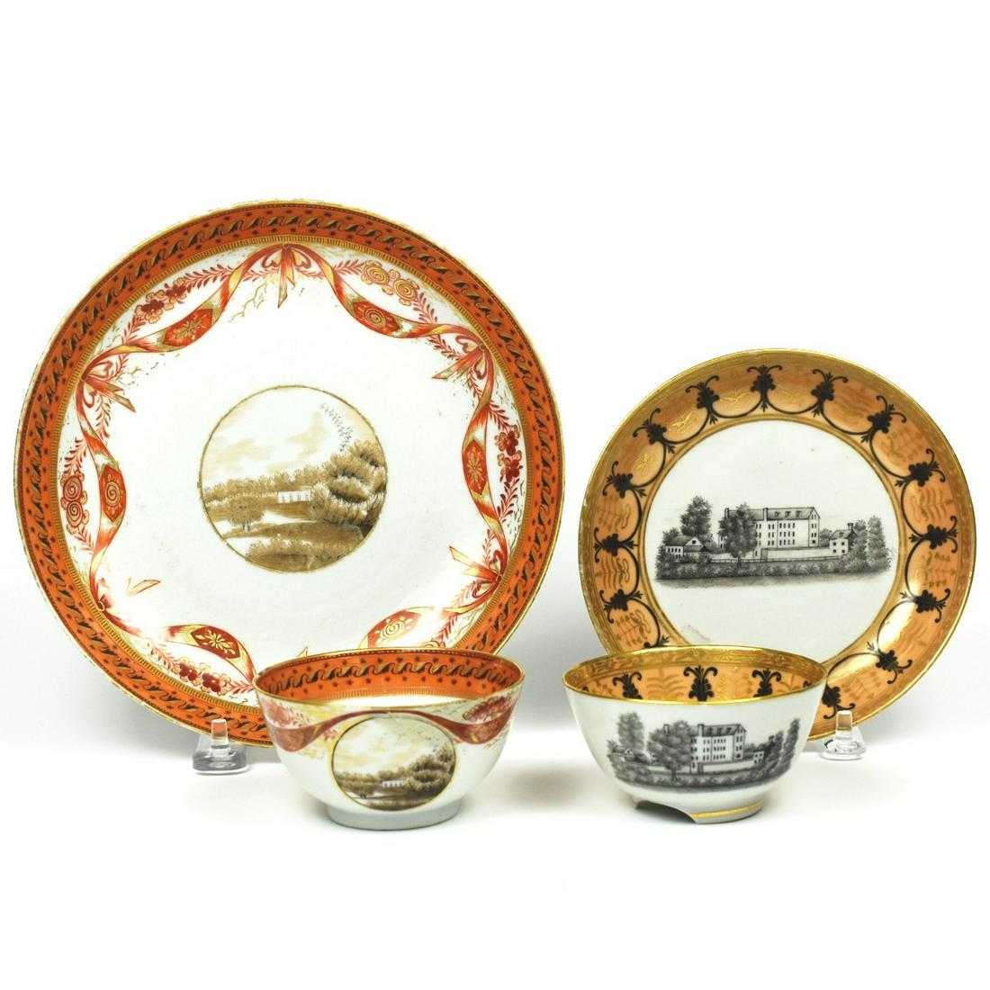 Grp: 2 Chinese Export Porcelain Tea Bowls & Saucers: Group of two Chinese export porcelain tea bowls and saucers. One American Market porcelain tea bowl and saucer set with sepia decoration of a landscape with a manor house and elaborate gilt edges. One