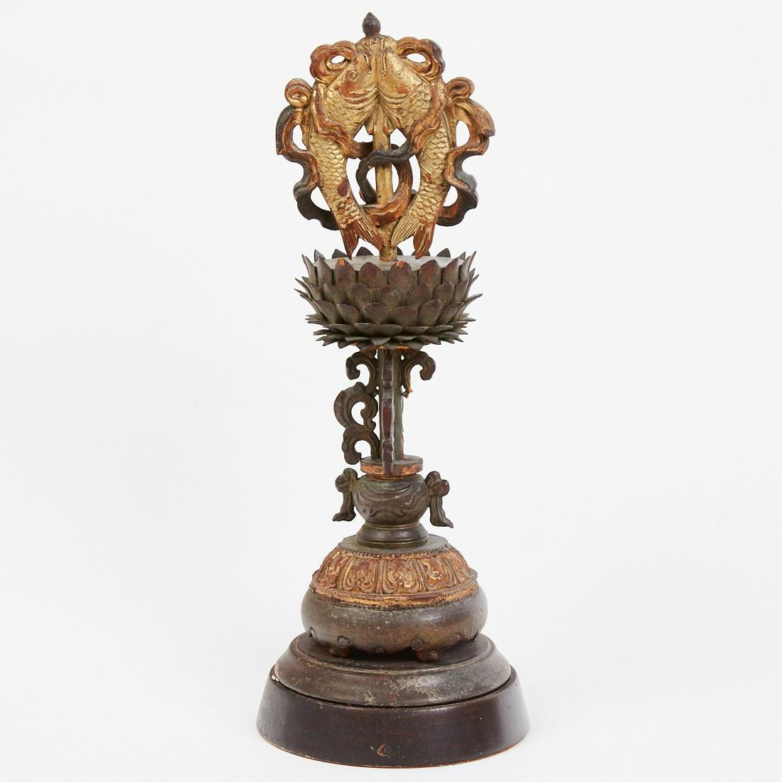 Striking 19th c. Temple Altar Buddhist Double Fish: 19th century Chinese or Tibetan Buddhist temple altar with a double fish emblem. This striking wooden altar is carved in immense detail and lacquered and gilt. Height: 22 1/2 in x width: 9 in x depth: